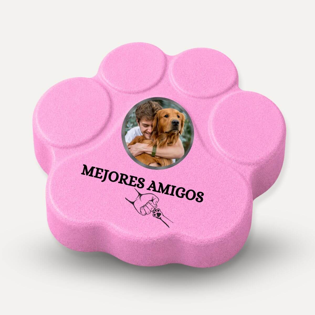 Placa personalizada para mascotas "Mejores Amigos" de hormigón con foto personalizada de un hombre y su perro en color rosa.