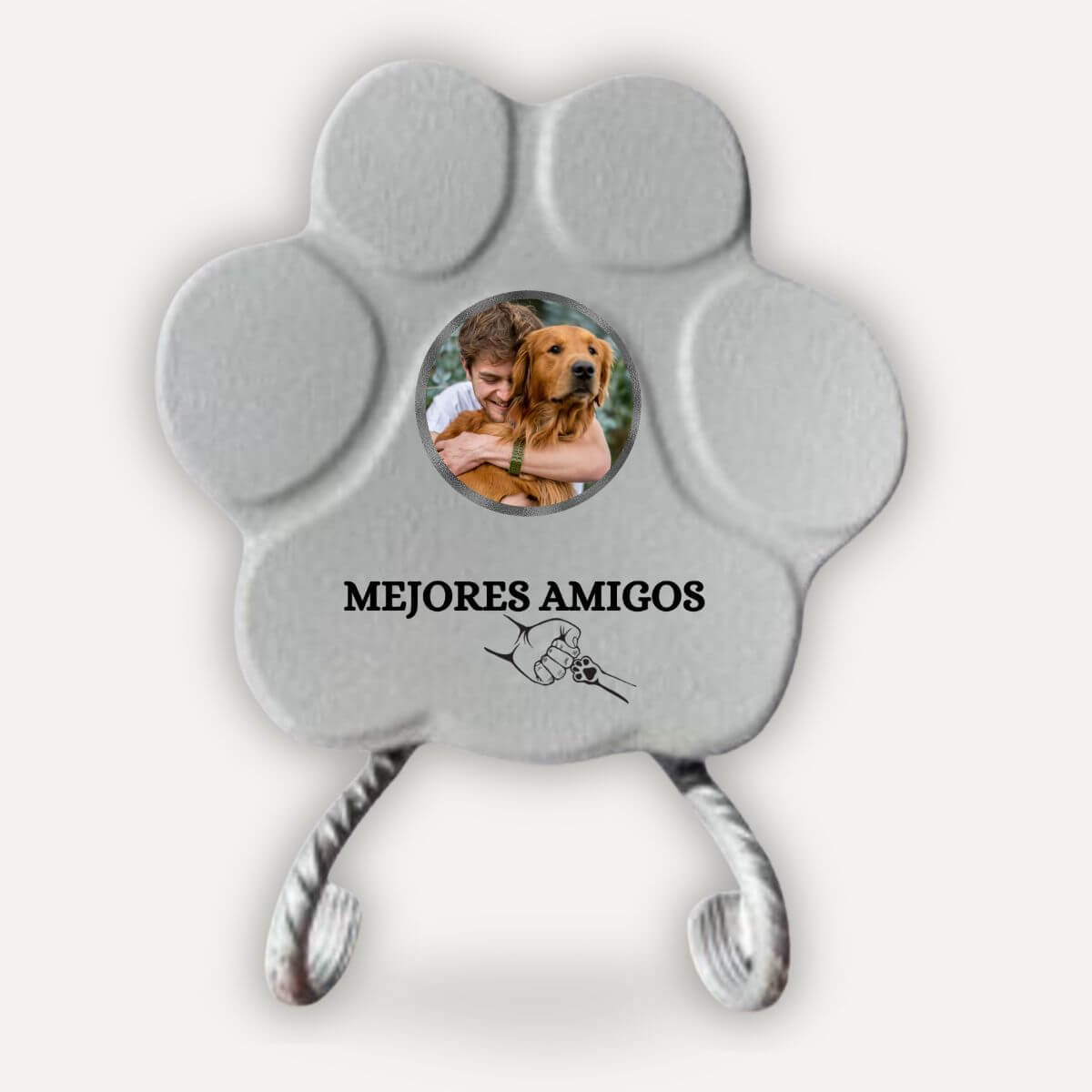 Placa personalizada "Mejores Amigos" con foto de un hombre y su perro sobre soporte de metal en color gris. 