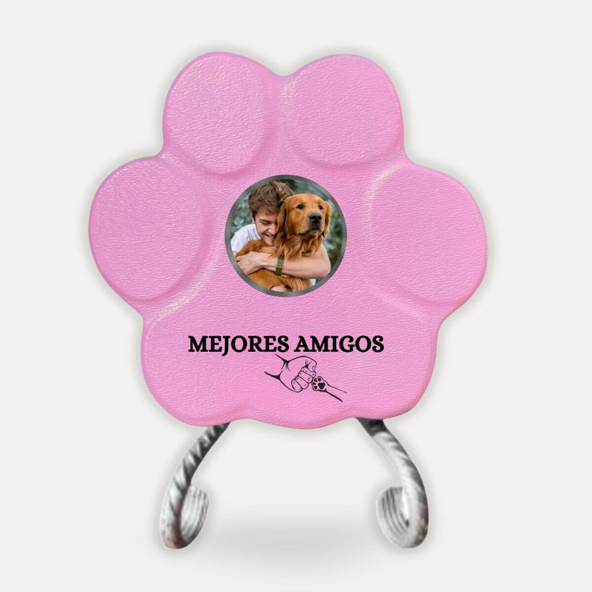 Placa personalizada "Mejores Amigos" con foto de un hombre y su perro sobre soporte de metal en color rosa.