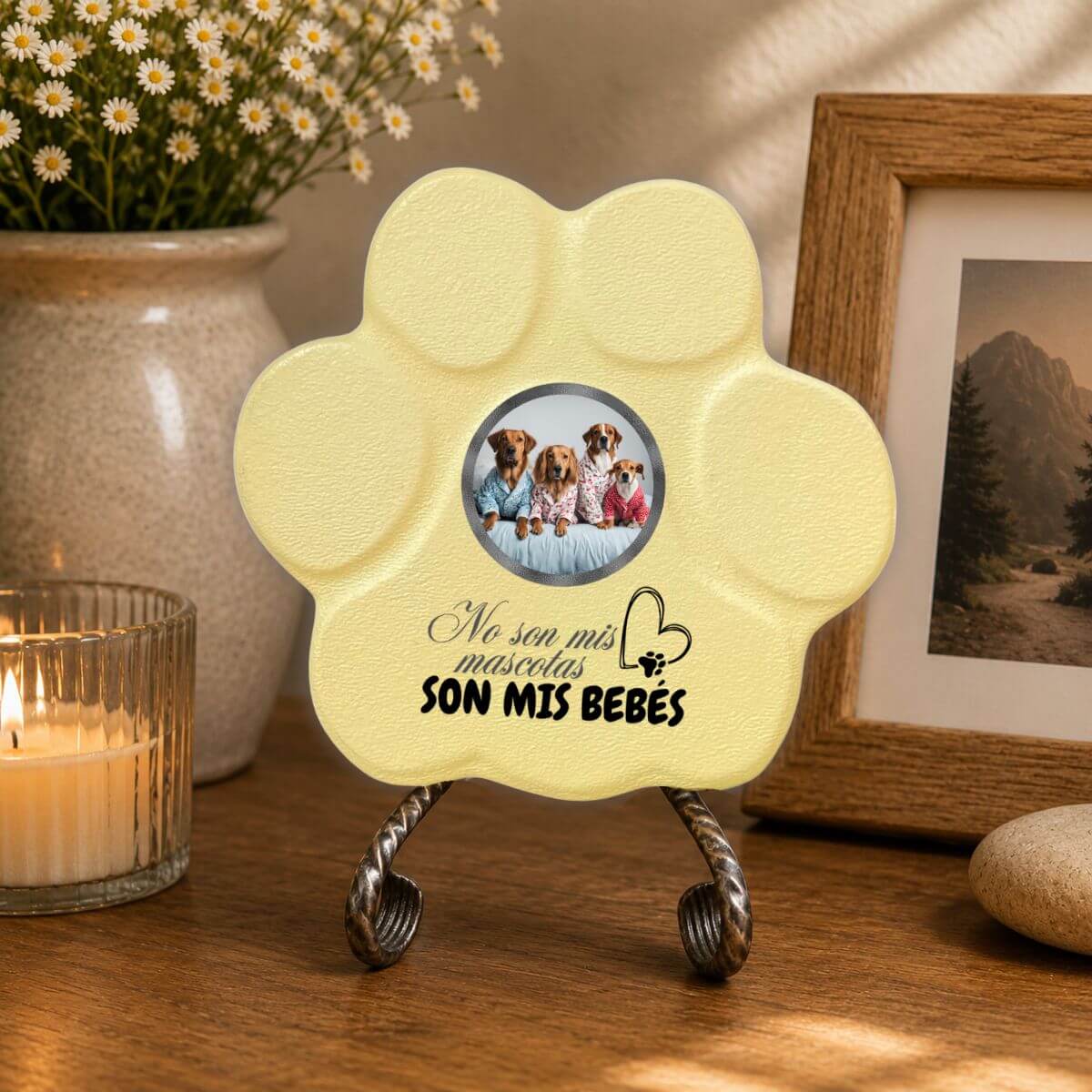 Placa personalizada para mascotas amarillla con soporte y foto de perros, huella artesanal de hormigón con frase “No son mascotas, son mis bebés” para decoración del hogar.
