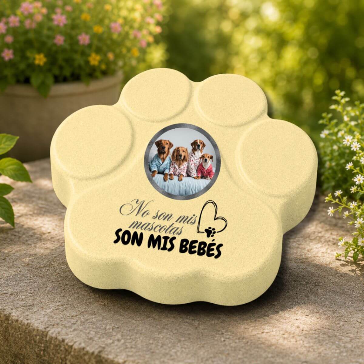 Placa personalizada para mascotas amarrila con foto de perros y frase “No son mascotas, son mis bebés”, huella artesanal de hormigón para jardín o exterior protegido.
