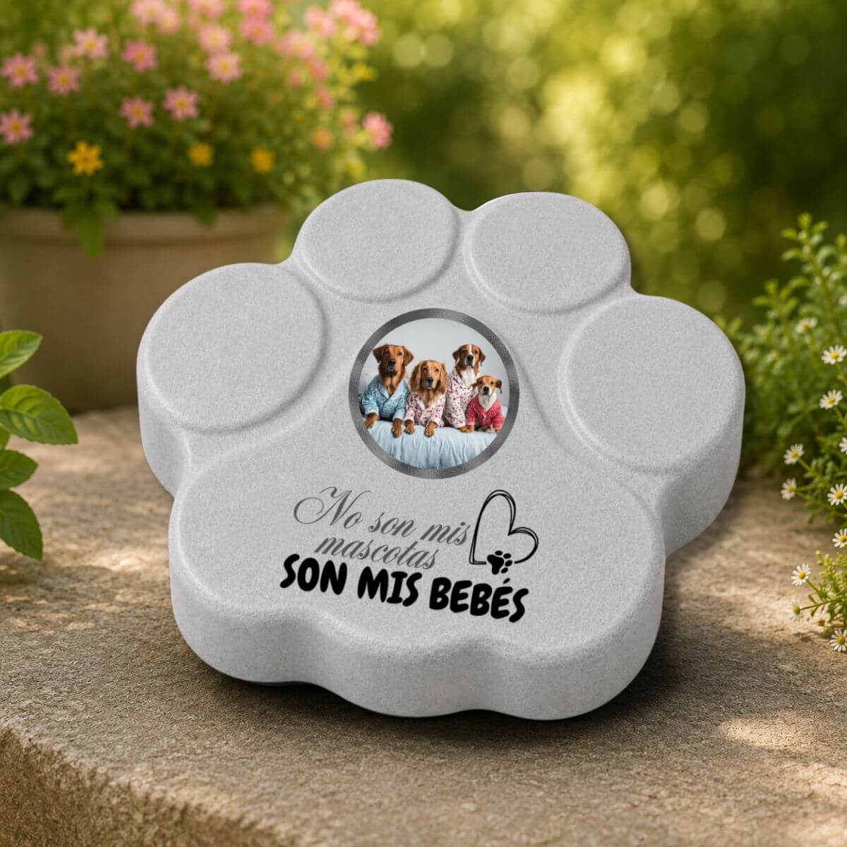Placa personalizada para mascotas gris con foto de perros y frase “No son mascotas, son mis bebés”, huella artesanal de hormigón para jardín o exterior protegido.
