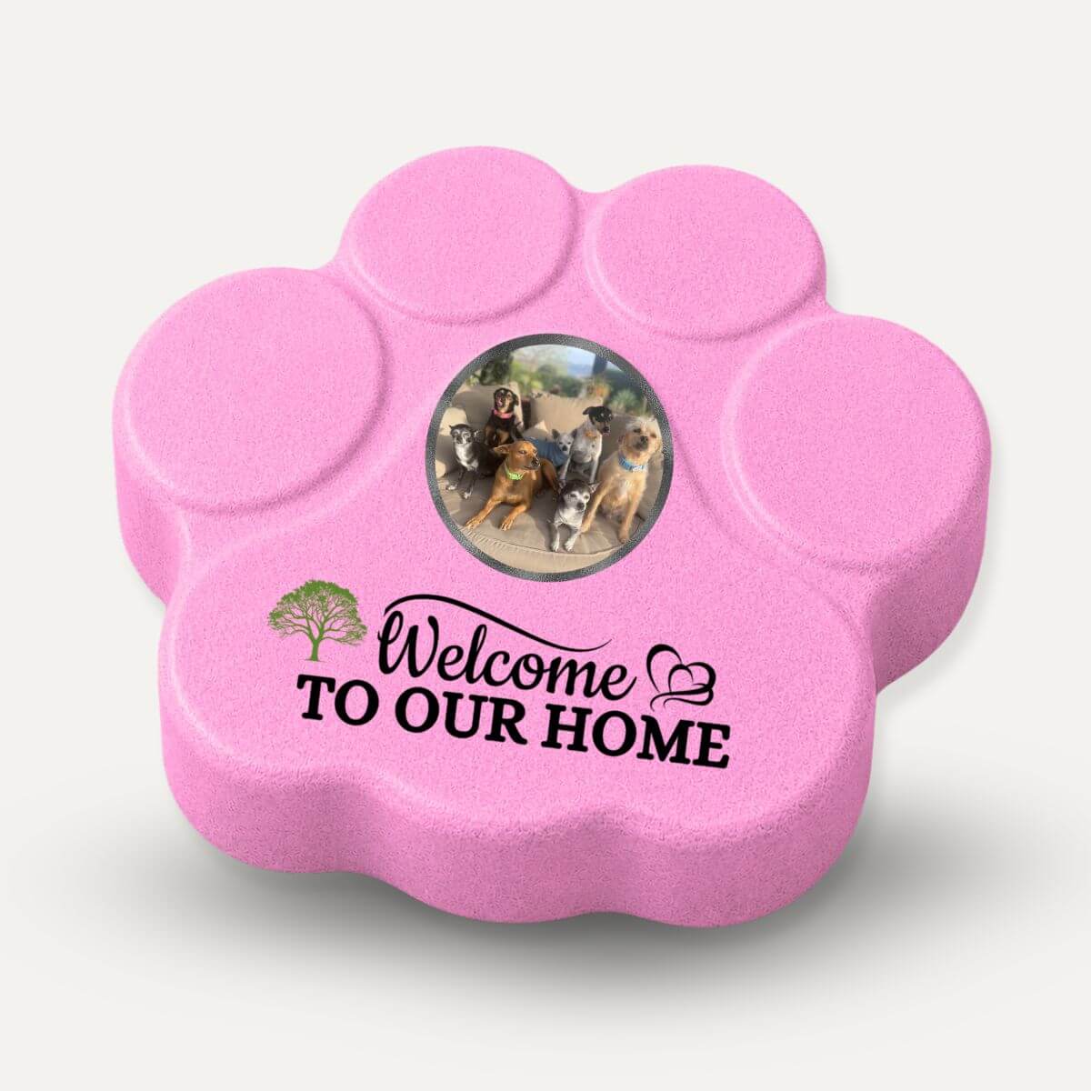Placa personalizada "Welcome to Our Home" con foto de perros y gatos en color rosa.