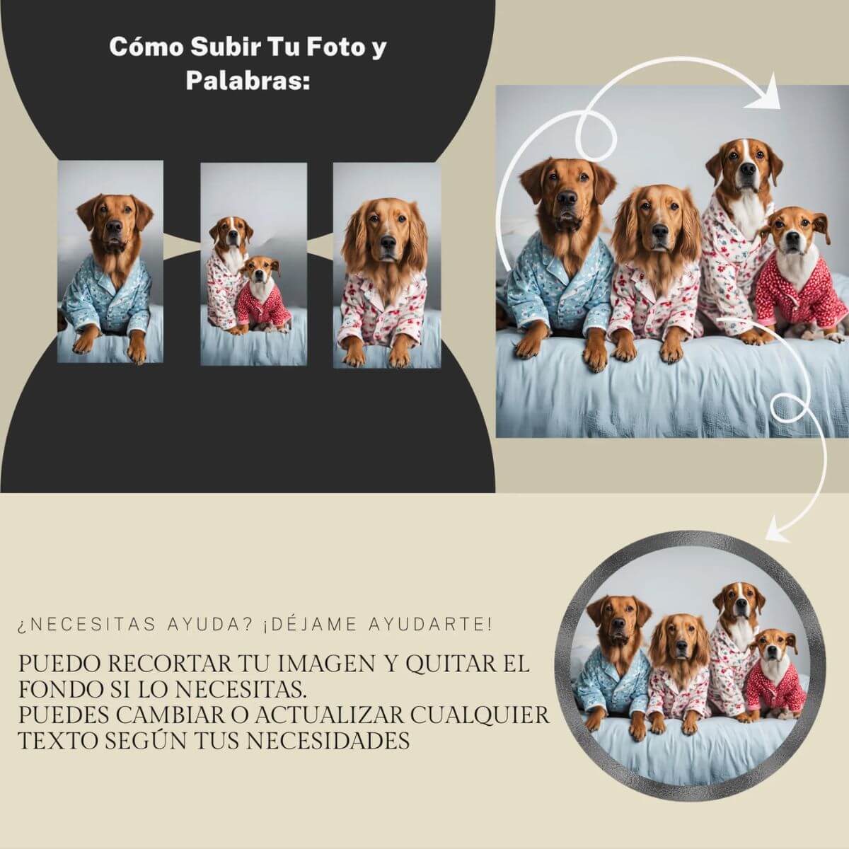 Instrucciones paso a paso para subir la foto de tu mascota y personalizar la huella de piedra – regalo único para mascotas.

