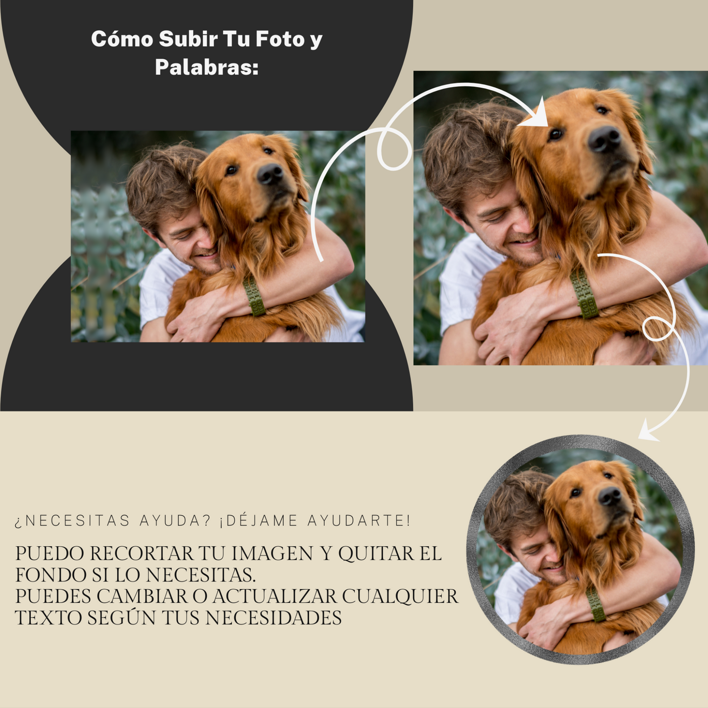 Imagen con instrucciones paso a paso sobre cómo subir la foto de tu mascota para personalizar la huella de piedra.
