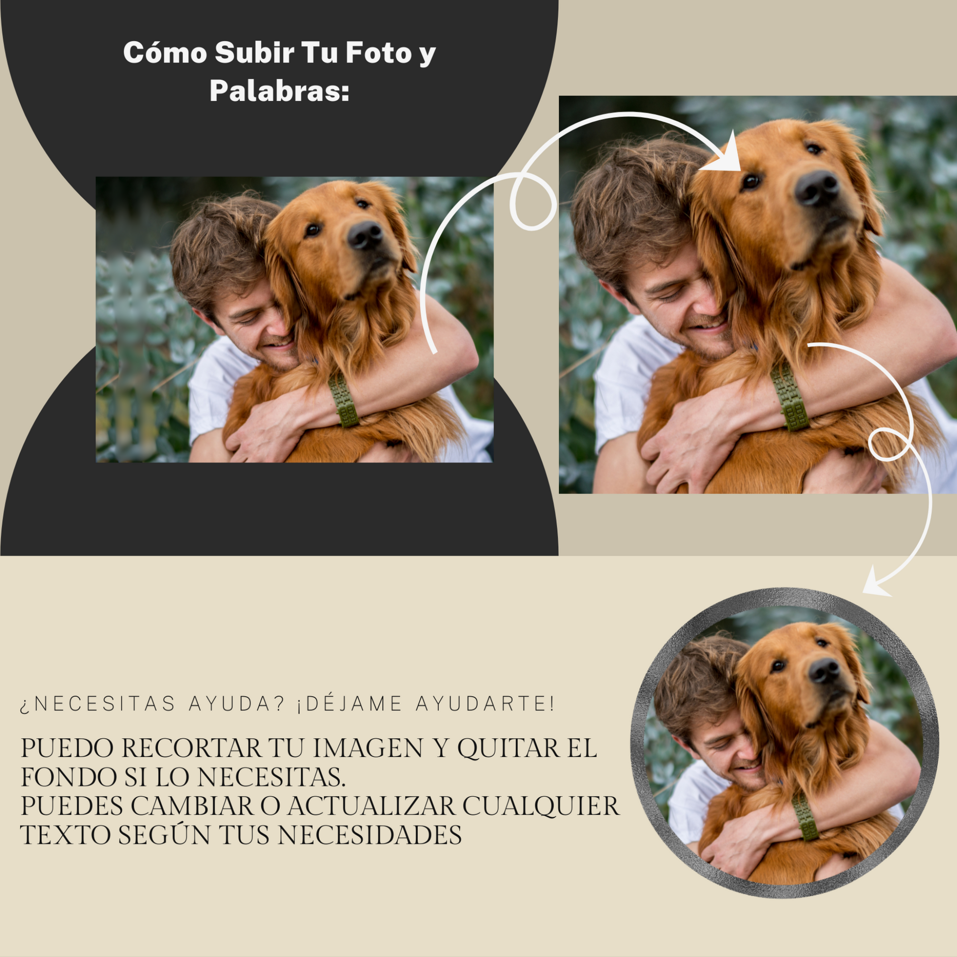 Imagen con instrucciones paso a paso sobre cómo subir la foto de tu mascota para personalizar la huella de piedra.