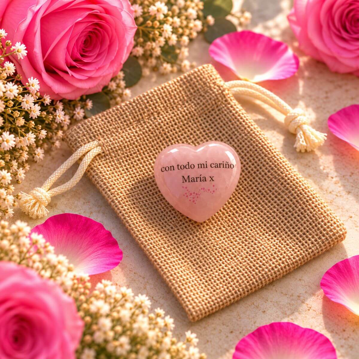 Reverso de corazón de cuarzo rosa natural personalizado para mamá con dedicatoria Con todo mi cariño, María x, presentado sobre una bolsita de yute. Regalo personalizado de Concrete Paws.