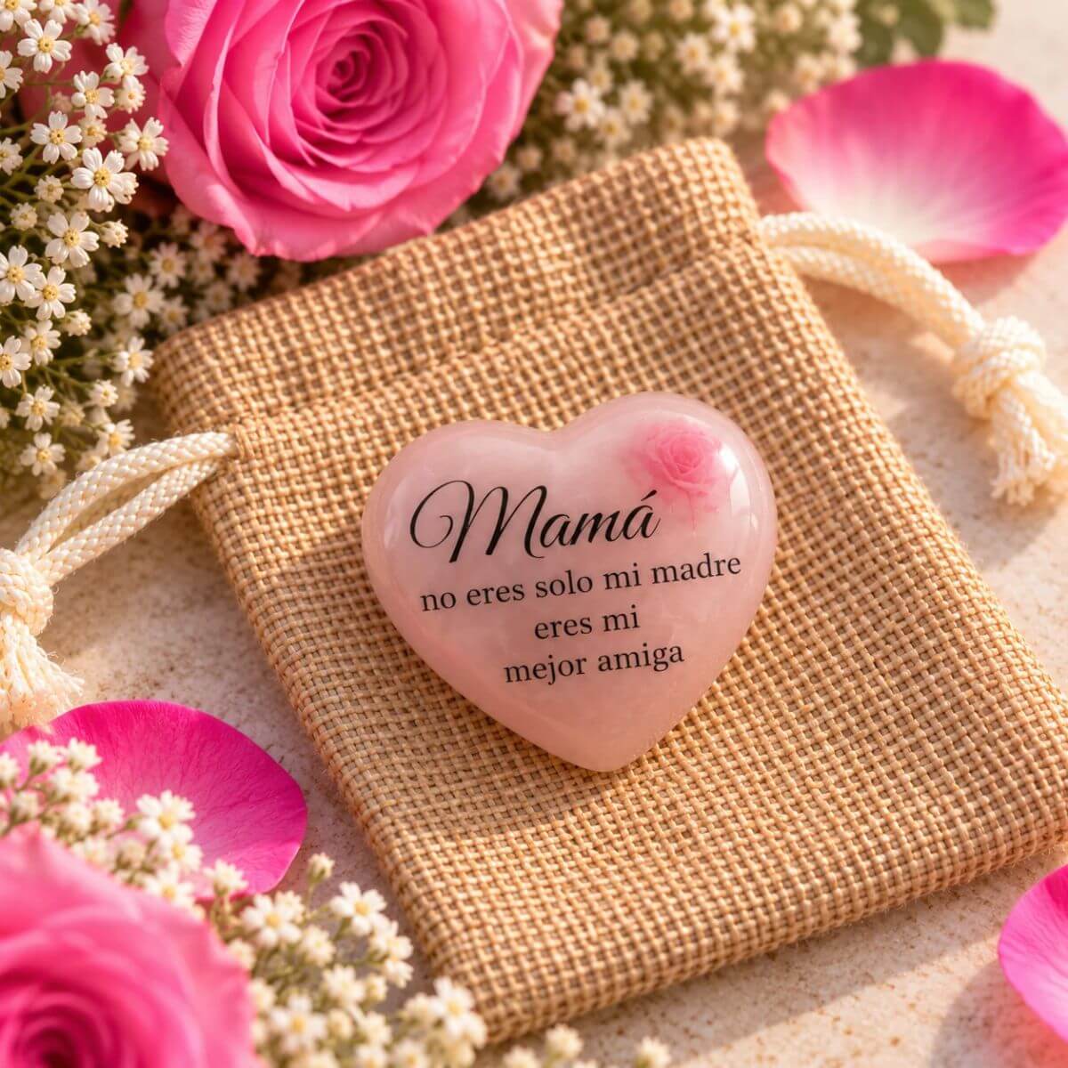 Corazón de cuarzo rosa natural personalizado para mamá con mensaje Mamá, no eres solo mi madre, eres mi mejor amiga y diseño floral en la parte delantera, presentado sobre una bolsita de yute. Regalo especial de Concrete Paws.