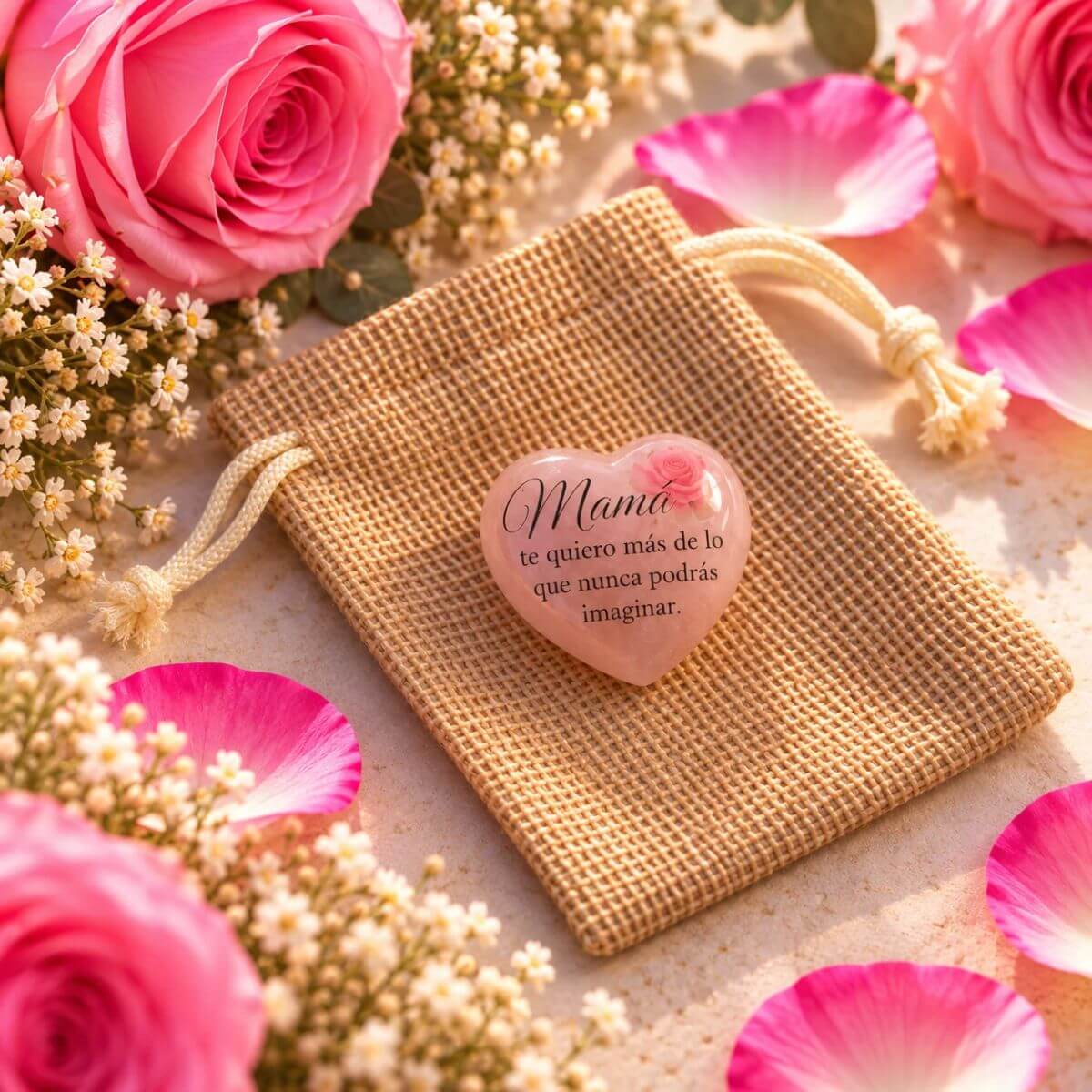Corazón de cuarzo rosa natural personalizado para mamá con mensaje Mamá, te quiero más de lo que nunca podrás imaginar y diseño floral en la parte delantera, presentado sobre una bolsita de yute. Regalo especial de Concrete Paws.