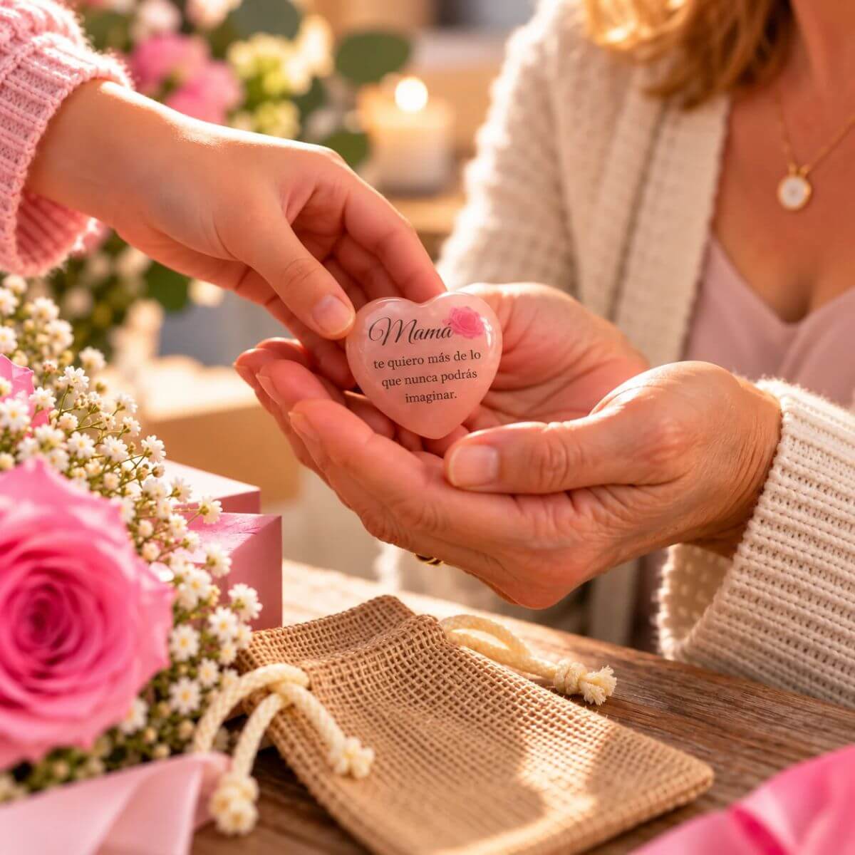 Manos de un niño entregando a su madre un corazón de cuarzo rosa natural personalizado con el mensaje Mamá, te quiero más de lo que nunca podrás imaginar. Regalo especial para mamá de Concrete Paws.