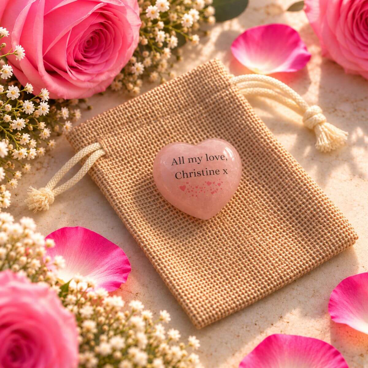Reverso de corazón de cuarzo rosa natural personalizado para mamá con dedicatoria en inglés All my love, Christine x, presentado sobre una bolsita de yute. Regalo original de Concrete Paws.
