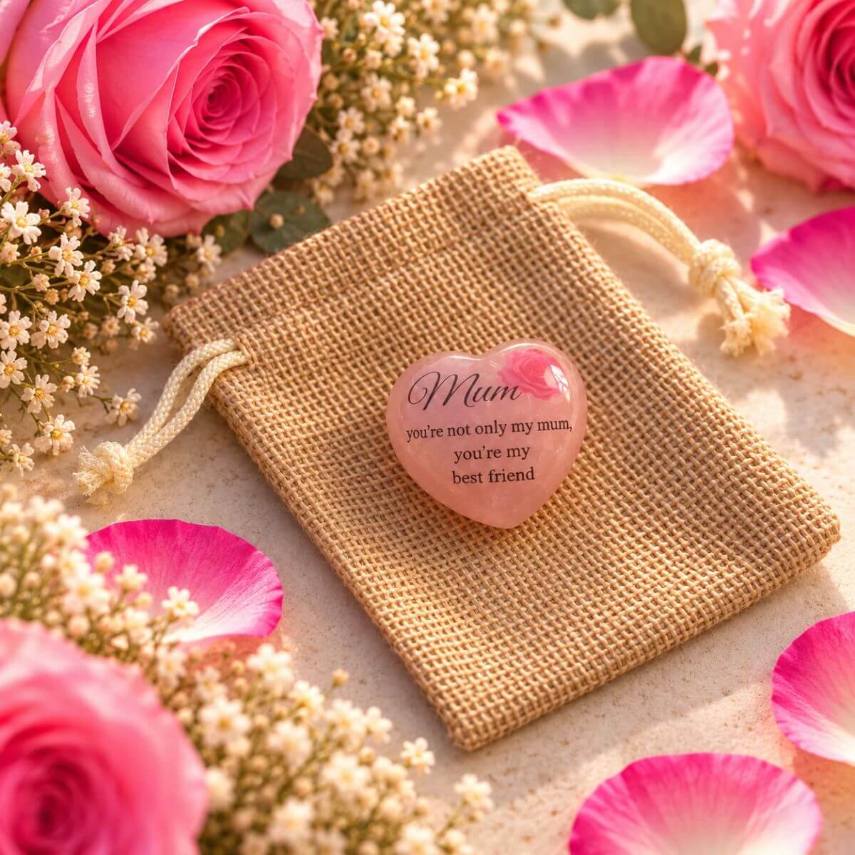 Corazón de cuarzo rosa natural personalizado para mamá con mensaje en inglés Mum, you're not only my mum, you're my best friend y diseño floral, presentado sobre una bolsita de yute. Regalo especial de Concrete Paws.