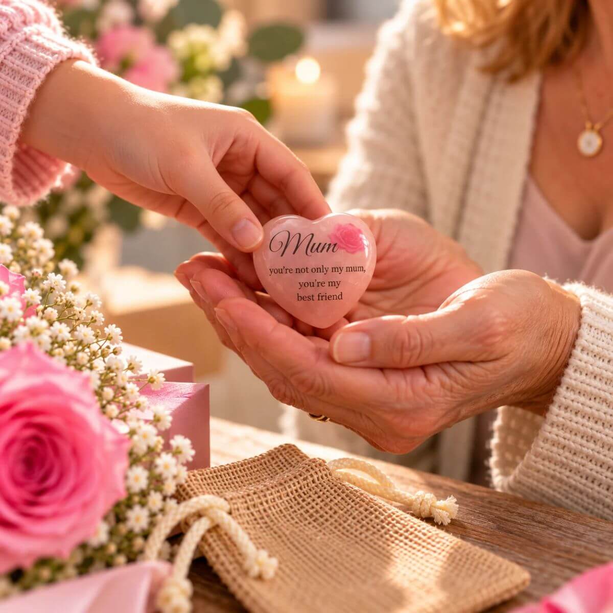 Manos de un niño entregando a su madre un corazón de cuarzo rosa natural personalizado con el mensaje en inglés Mum, you're not only my mum, you're my best friend. Regalo especial para mamá de Concrete Paws.