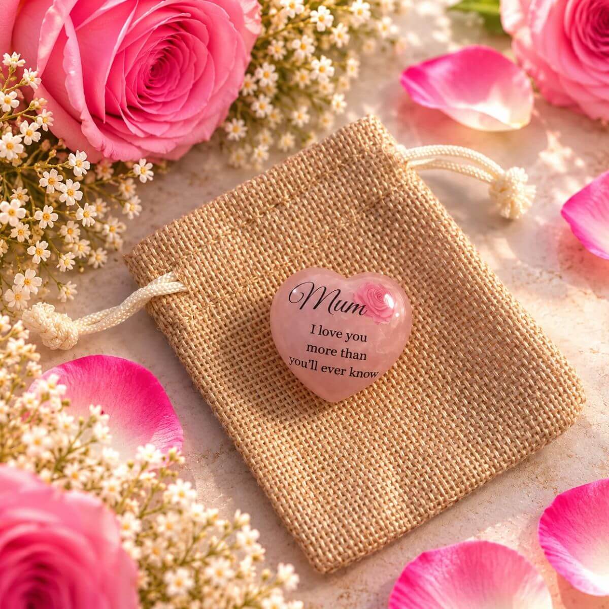 Corazón de cuarzo rosa natural personalizado para mamá con mensaje en inglés Mum, I love you more than you'll ever know y diseño floral, presentado sobre una bolsita de yute. Regalo especial de Concrete Paws.