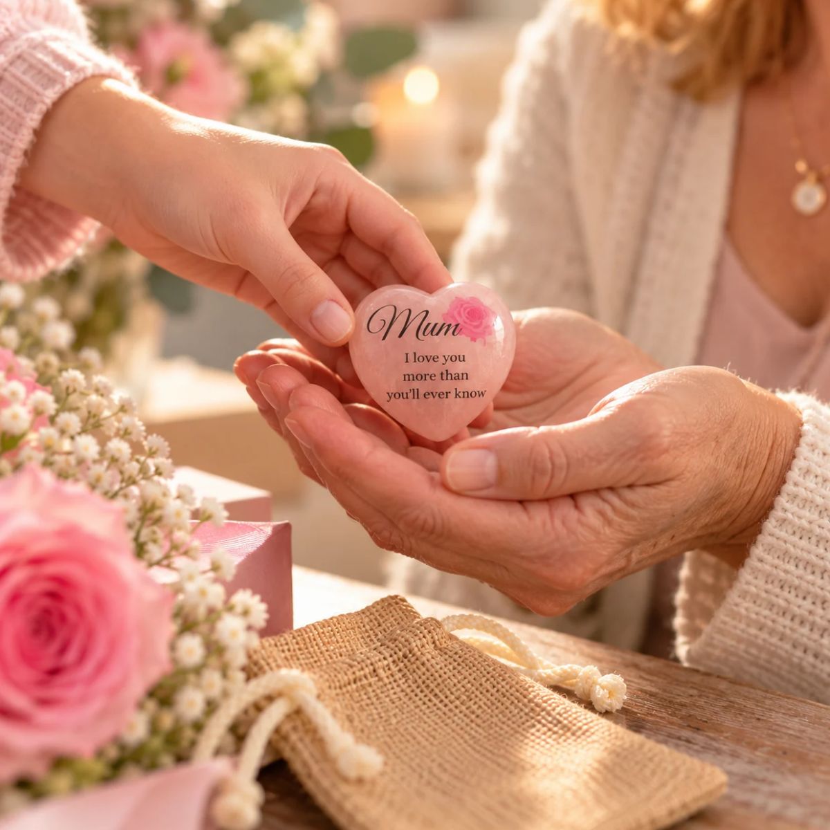 Manos de un niño entregando a su madre un corazón de cuarzo rosa natural personalizado con el mensaje en inglés Mum, I love you more than you'll ever know. Regalo especial para mamá de Concrete Paws.