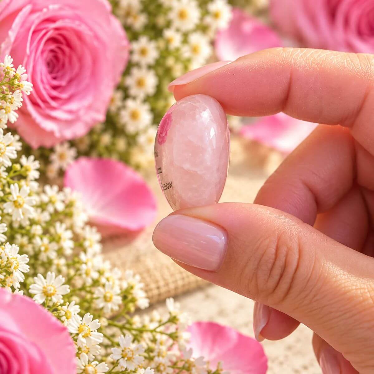 Vista lateral de un corazón de cuarzo rosa natural pulido que muestra su grosor, forma tridimensional y bordes redondeados. Regalo personalizado para mamá de Concrete Paws.