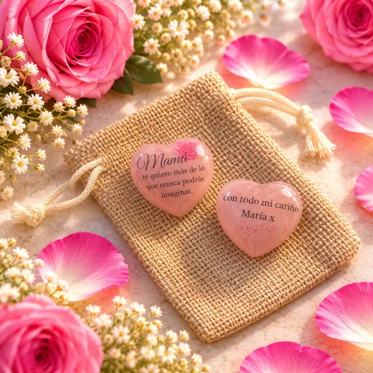 Corazón de cuarzo rosa personalizado para mamá con mensaje Te quiero más de lo que nunca podrás imaginar y dedicatoria en el reverso, sobre bolsita de yute.