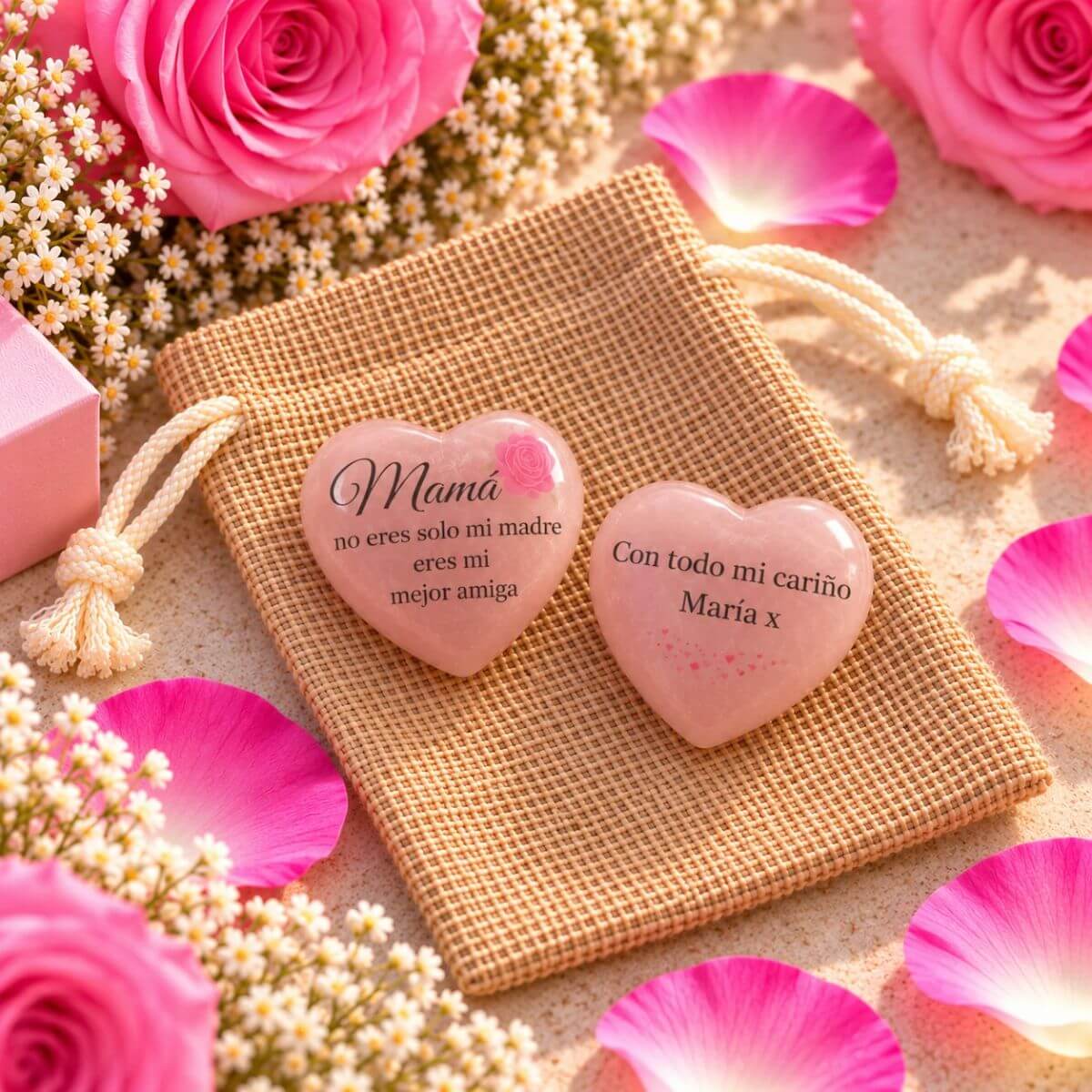Corazón de cuarzo rosa personalizado para mamá con mensaje No eres solo mi madre, eres mi mejor amiga y dedicatoria personalizada en el reverso, presentado sobre una bolsita de yute.