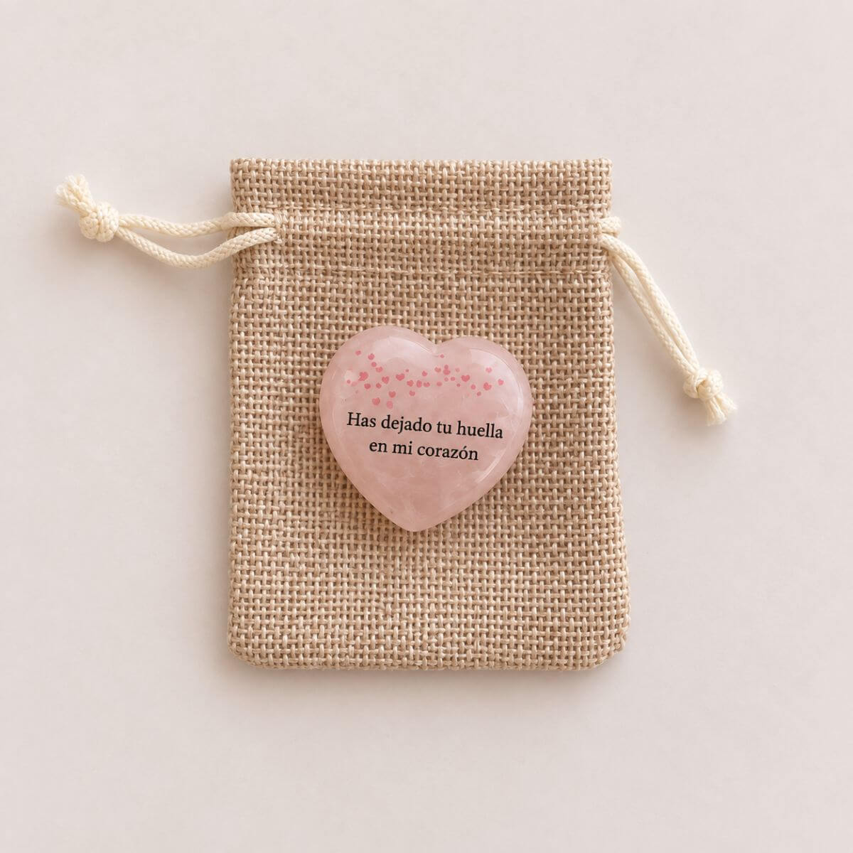 Reverso de corazón de cuarzo rosa personalizado con mensaje Has dejado tu huella en mi corazón
