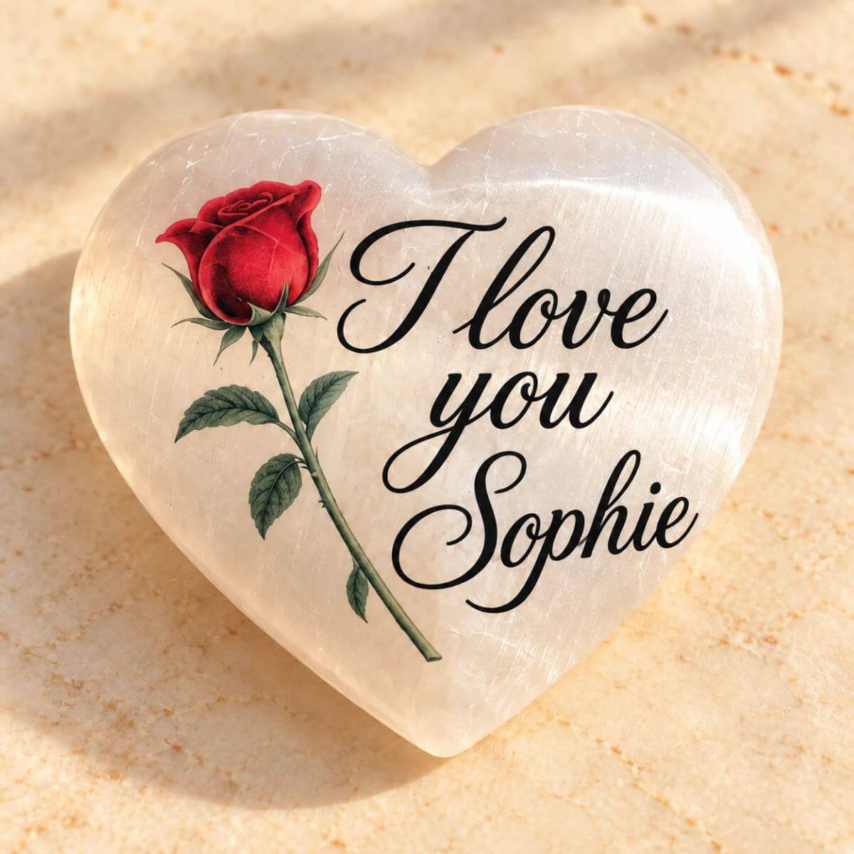 Vista de cerca del corazón de selenita personalizado con una rosa roja y el mensaje en inglés «I love you, Sophie» en letras negras.