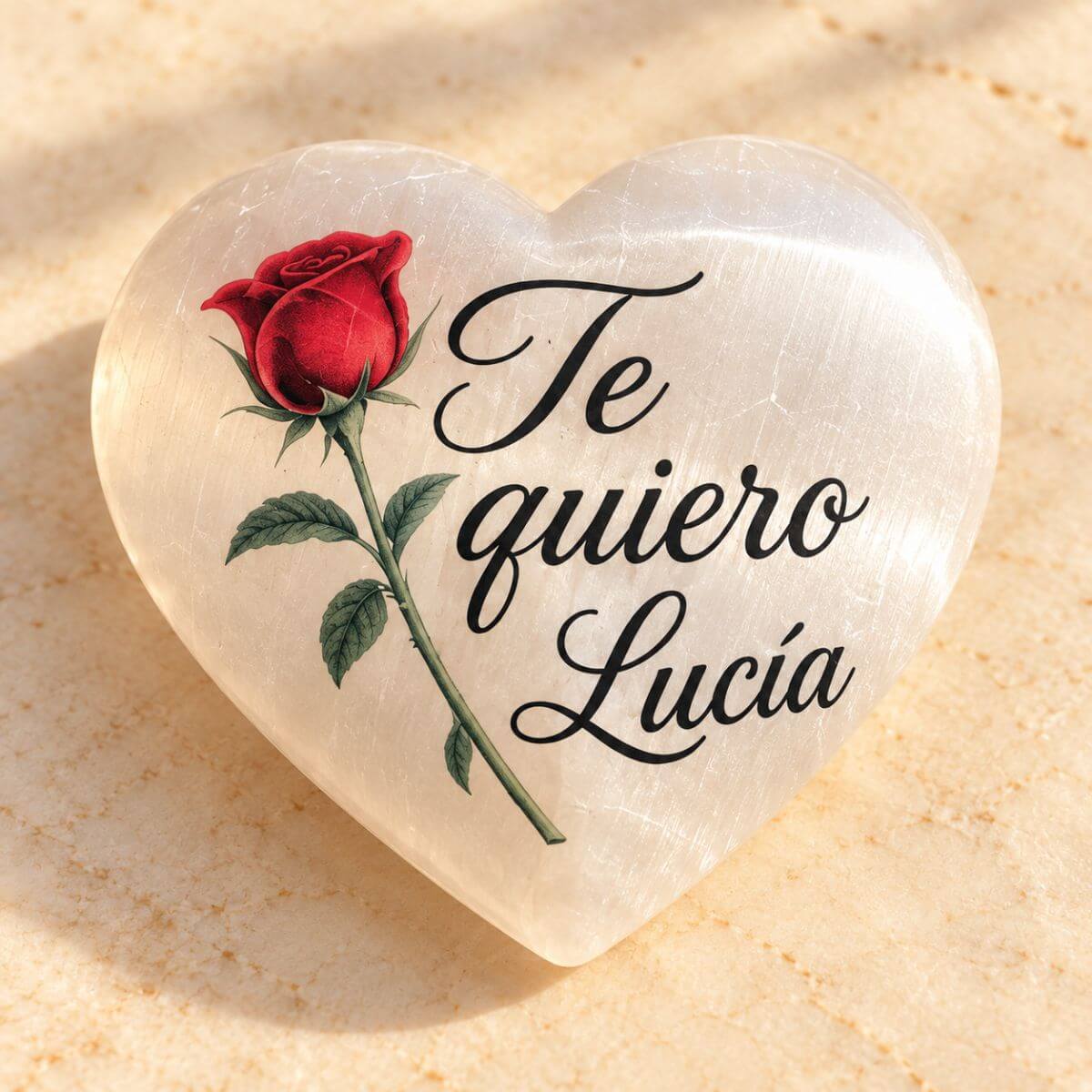 Vista de cerca del corazón de selenita personalizado con una rosa roja y el mensaje «Te quiero, Lucía» en letras negras