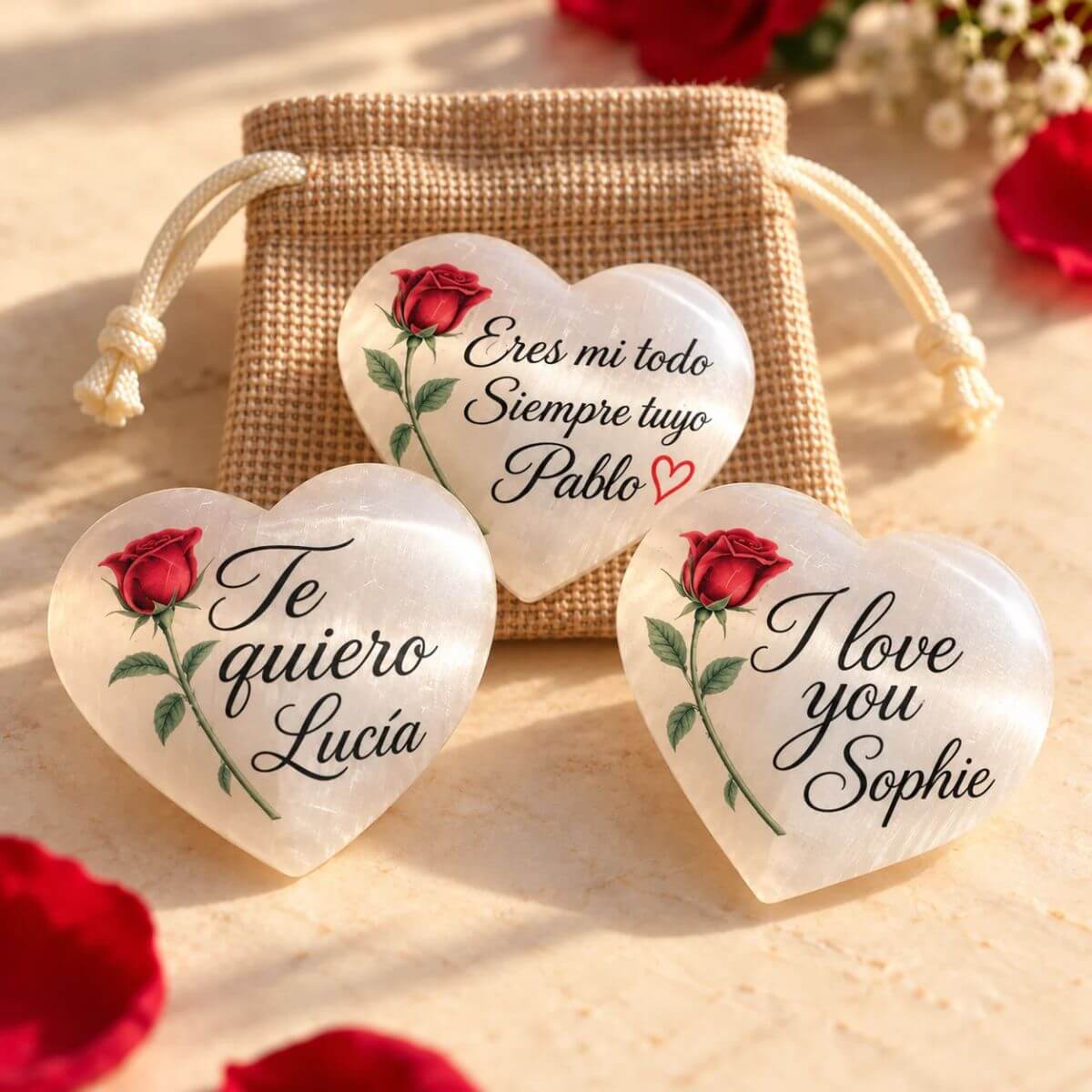 Corazón de selenita personalizado para parejas con rosas rojas, diseños «Te quiero» en español e «I love you» en inglés, y vista del reverso «Eres mi todo», junto a una bolsita de yute.