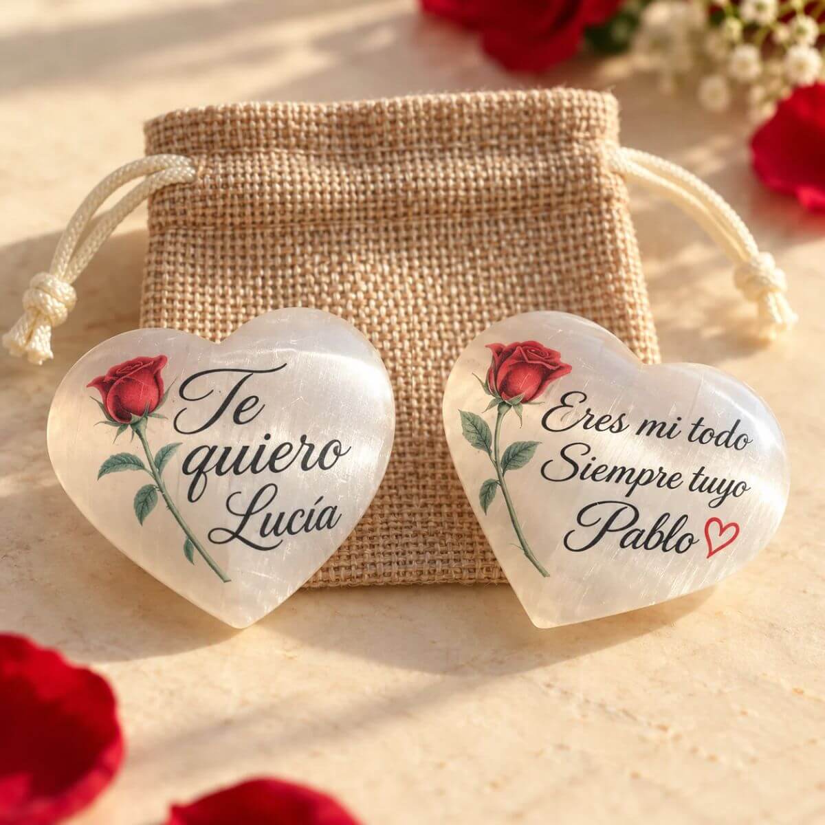 Corazón de selenita personalizado para parejas, ambas caras con rosas rojas y los mensajes «Te quiero, Lucía» y «Eres mi todo, Siempre tuyo, Pablo», junto a una bolsita de yute.