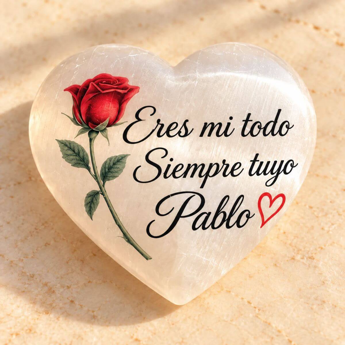 Reverso del corazón de selenita personalizado con una rosa roja, el mensaje «Eres mi todo. Siempre tuyo, Pablo» y un pequeño corazón rojo