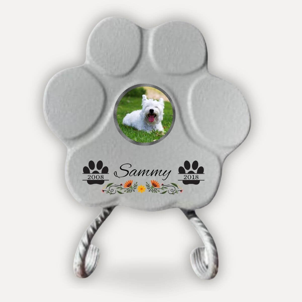 Placa memorial para mascotas con soporte en color gris, recuerdo personalizado con foto, flores y fechas para perros y gatos