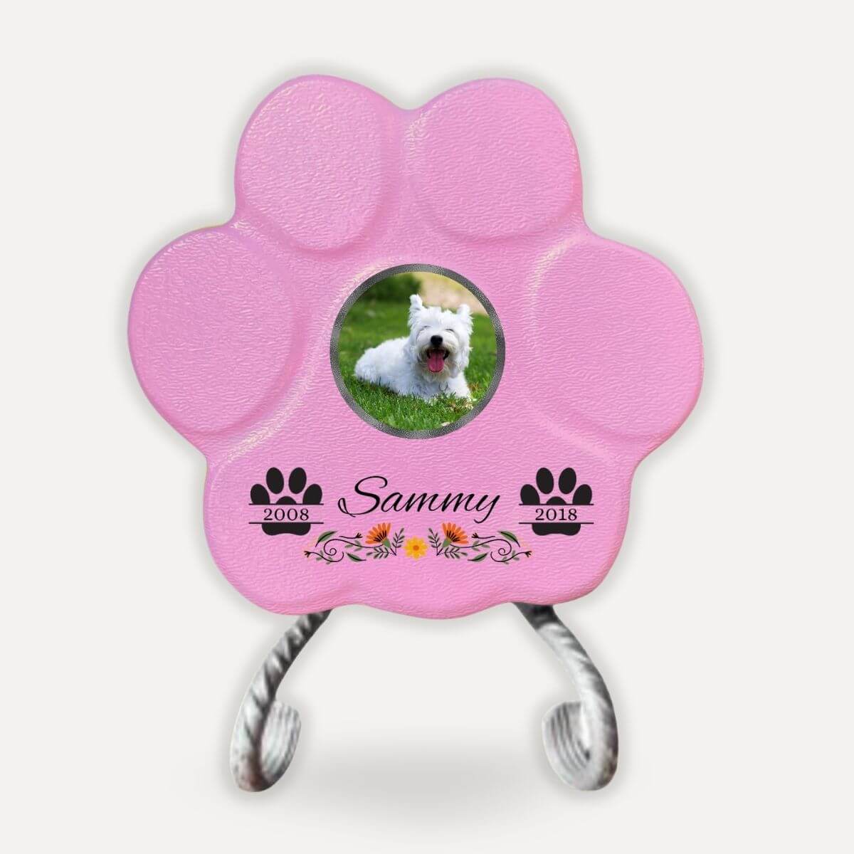 Placa memorial para mascotas con soporte en color rosa, recuerdo personalizado con foto, flores y fechas para perros y gatos