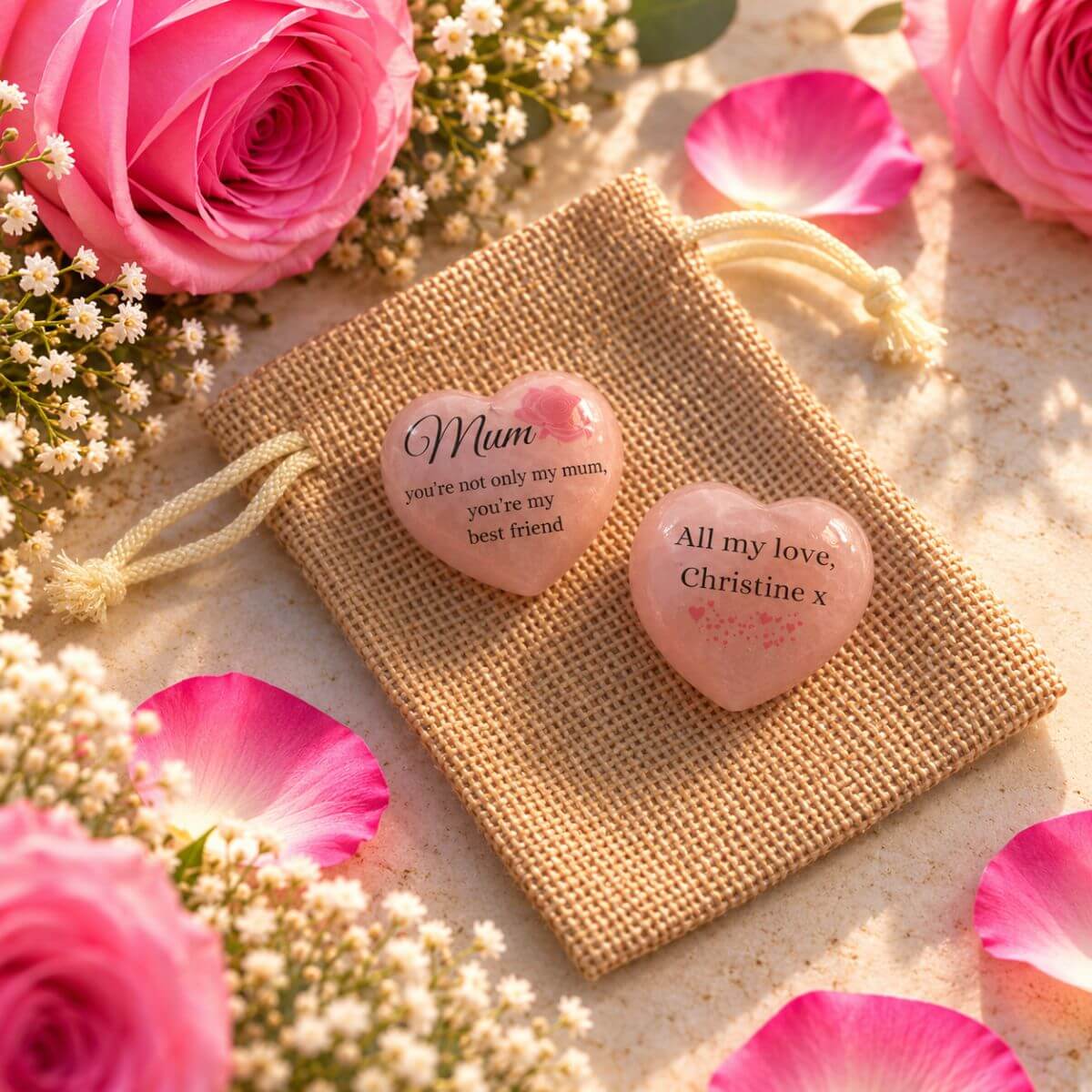 Corazón de cuarzo rosa personalizado para mamá con mensaje en inglés Mum, you're not only my mum, you're my best friend y dedicatoria personalizada en el reverso, presentado sobre una bolsita de yute.