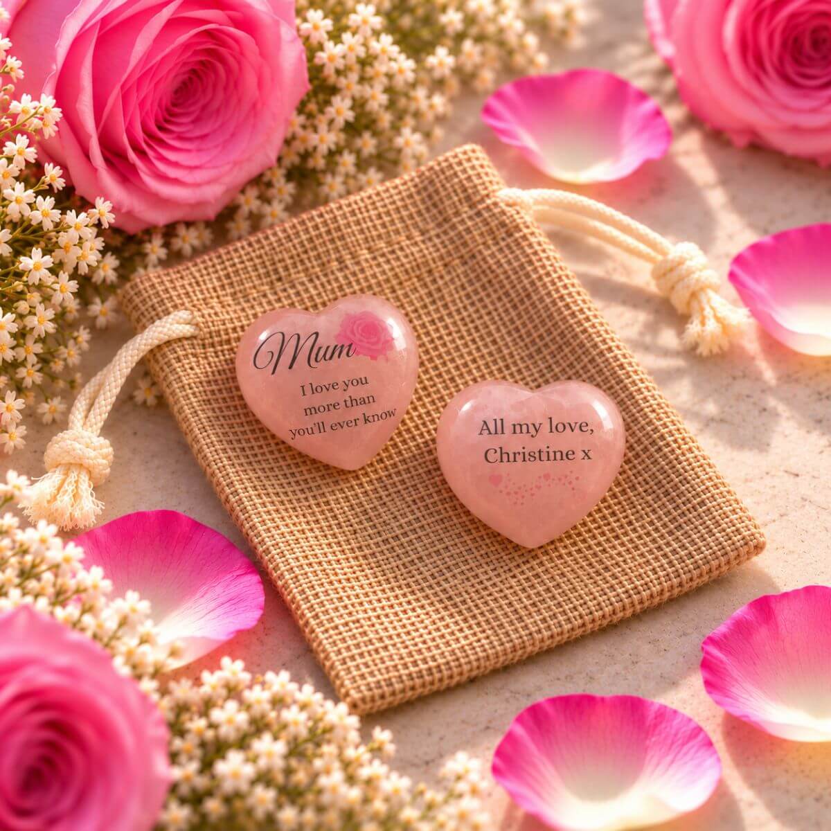 Corazón de cuarzo rosa personalizado para mamá con mensaje en inglés Mum, I love you more than you'll ever know y dedicatoria personalizada en el reverso, junto a una bolsita de yute.