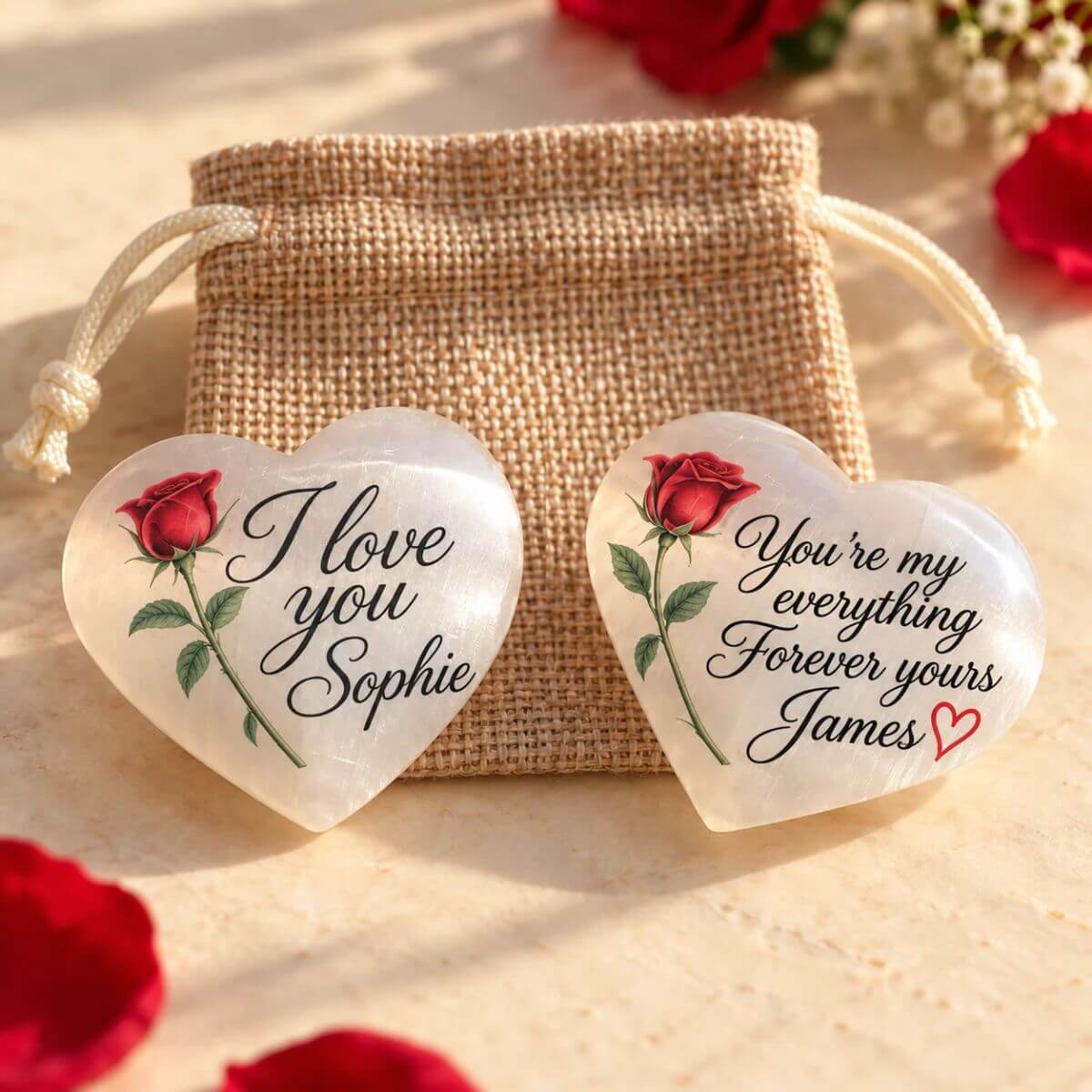 Personalised selenite heart for couples, showing both sides with red roses and the messages “I love you, Sophie” and “You’re my everything, Forever yours, James”, beside a jute gift bag.