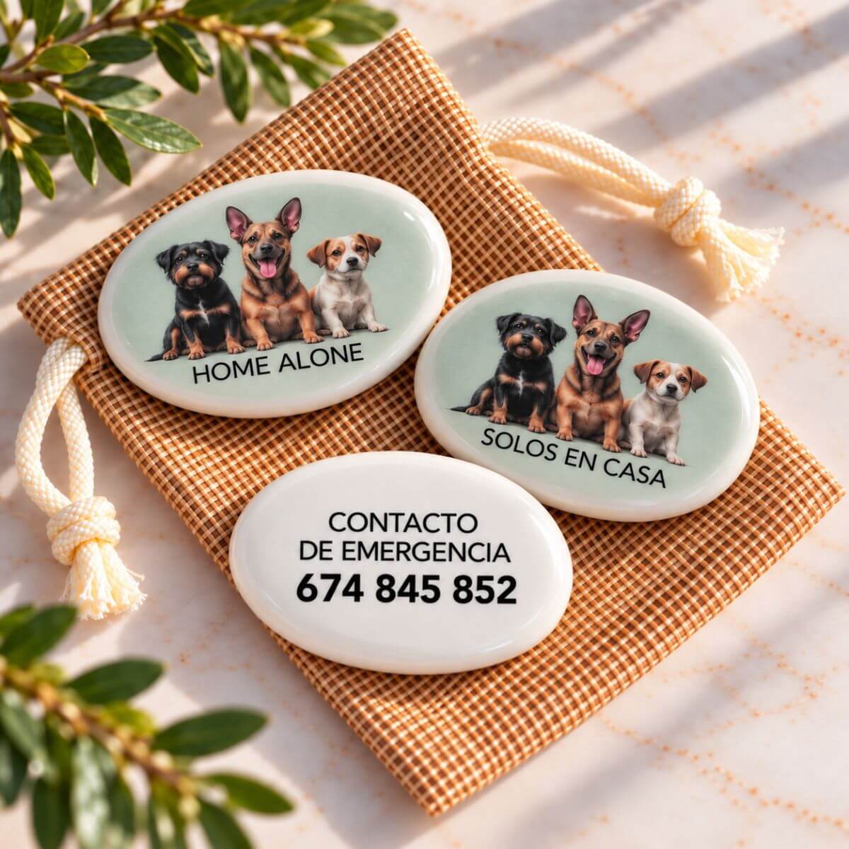 Piedra personalizada de contacto de emergencia para perros con foto, teléfono y opciones en español e inglés