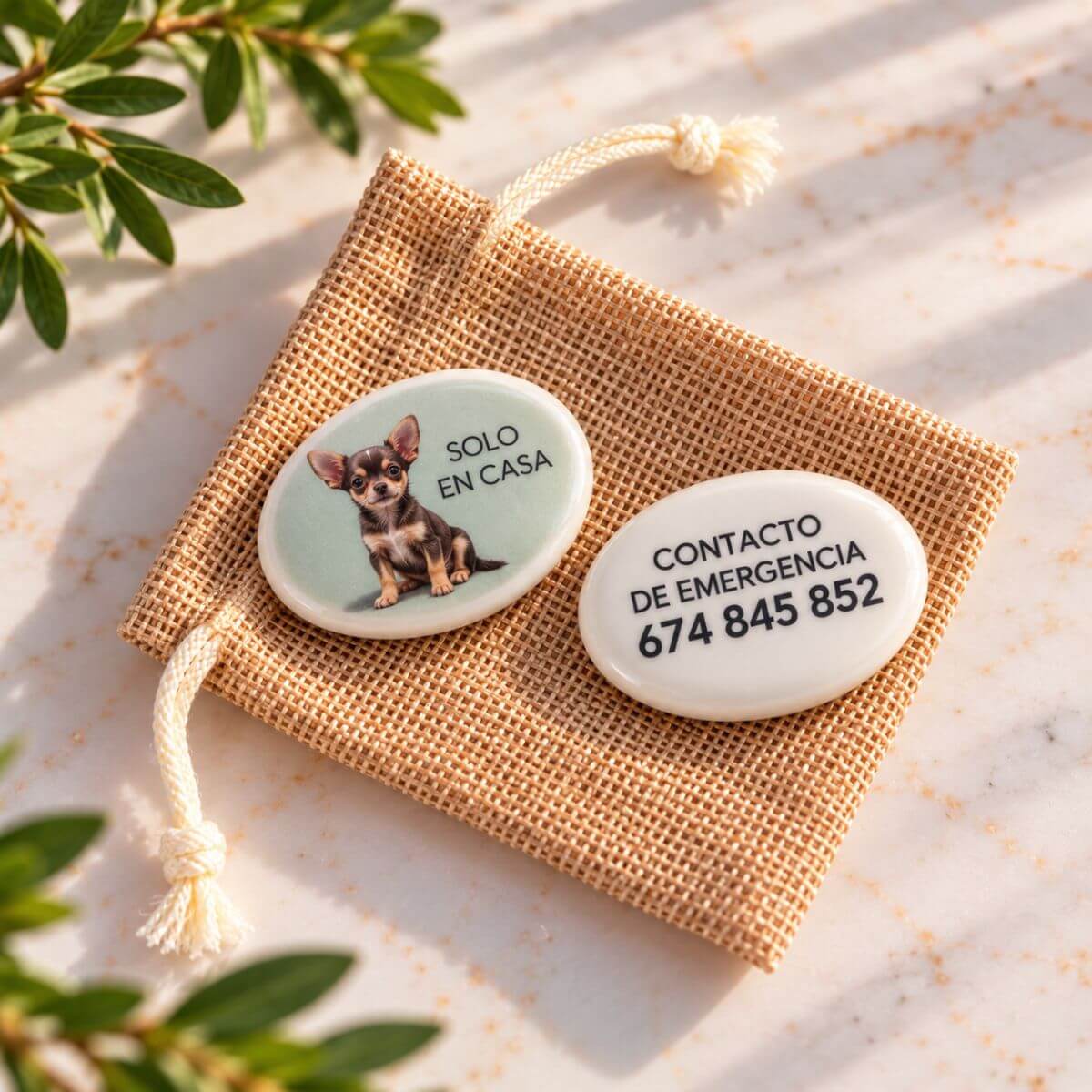Piedra personalizada para perros Solo en Casa con contacto de emergencia y teléfono