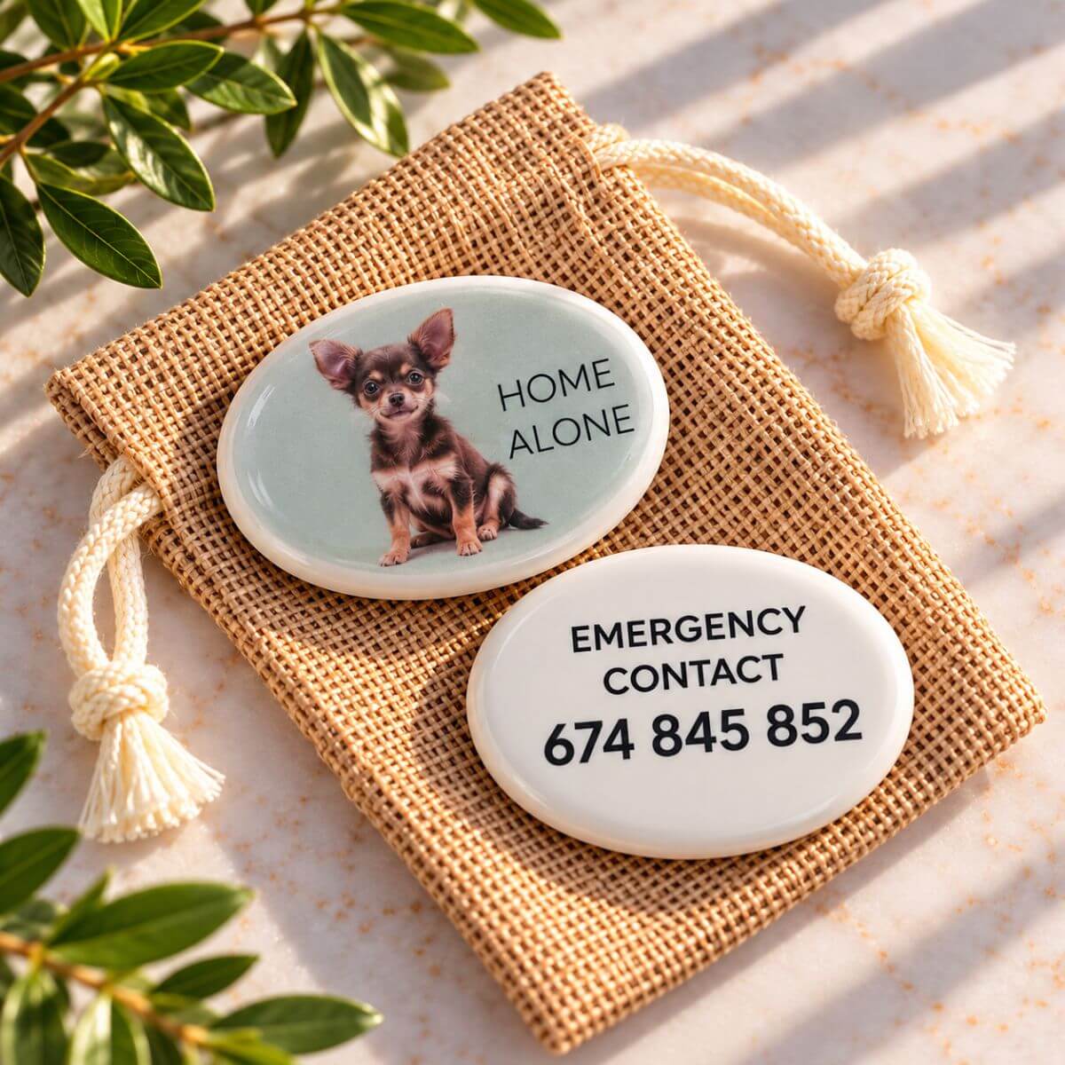 Piedra personalizada para perros Home Alone con contacto de emergencia y teléfono en inglés