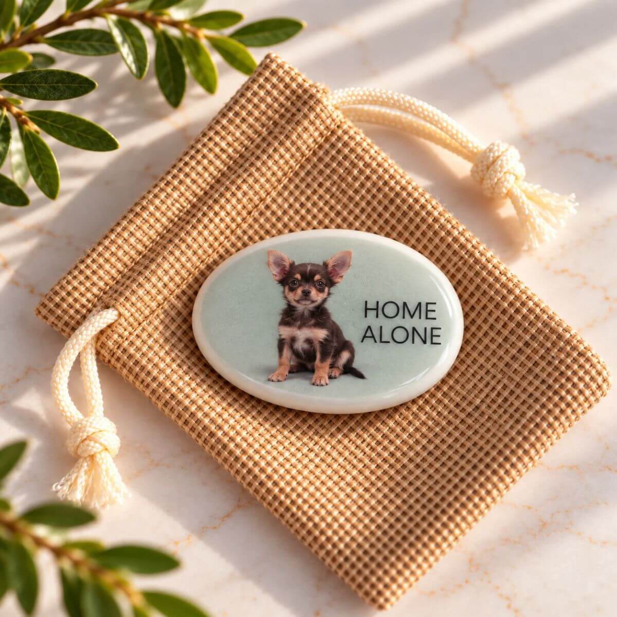 Piedra personalizada para perro con foto y texto Home Alone en inglés