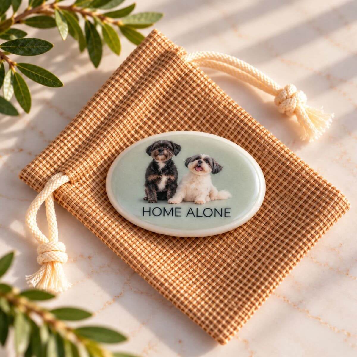 Piedra personalizada con foto de dos perros y texto Home Alone