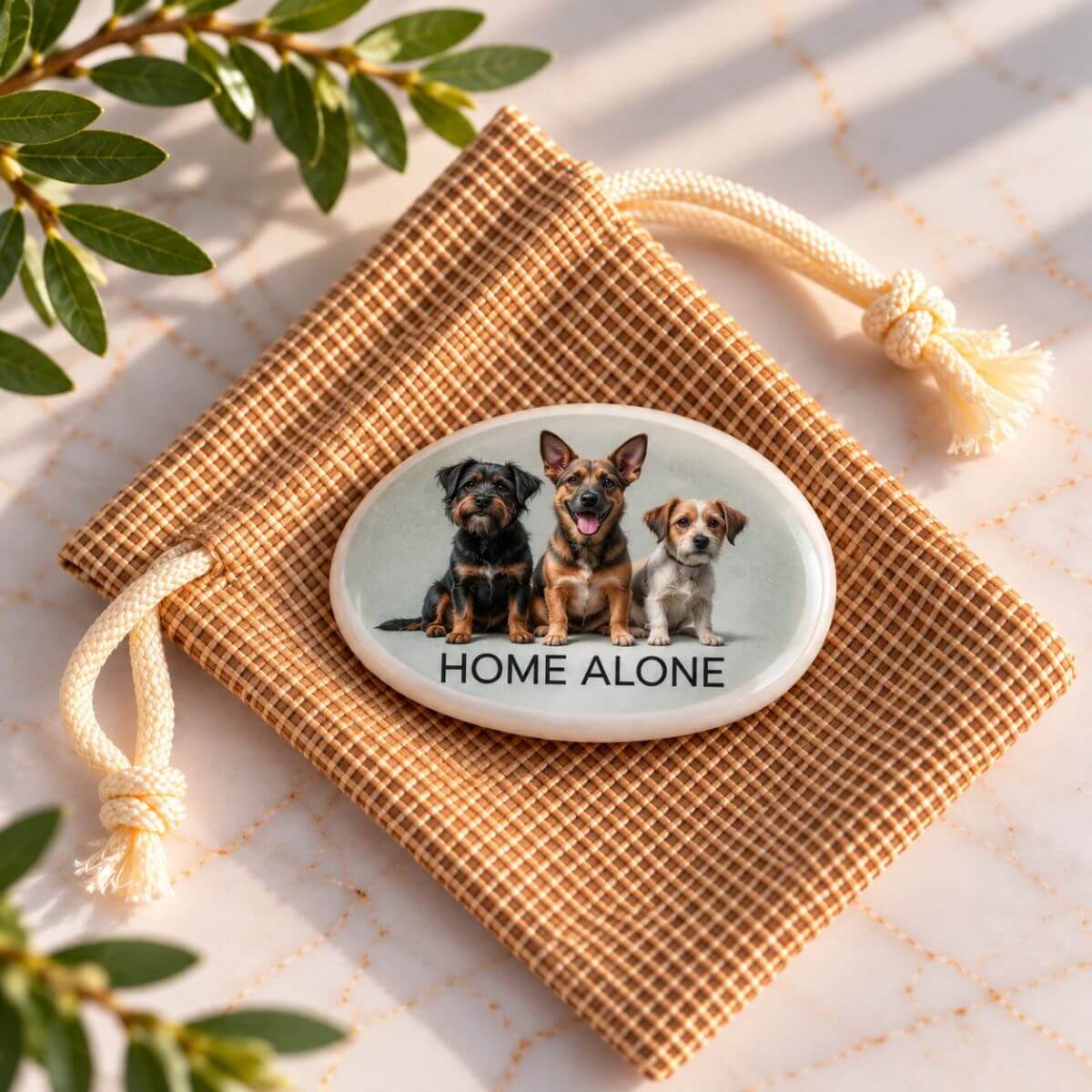 Piedra personalizada con foto de tres perros y texto Home Alone para contacto de emergencia