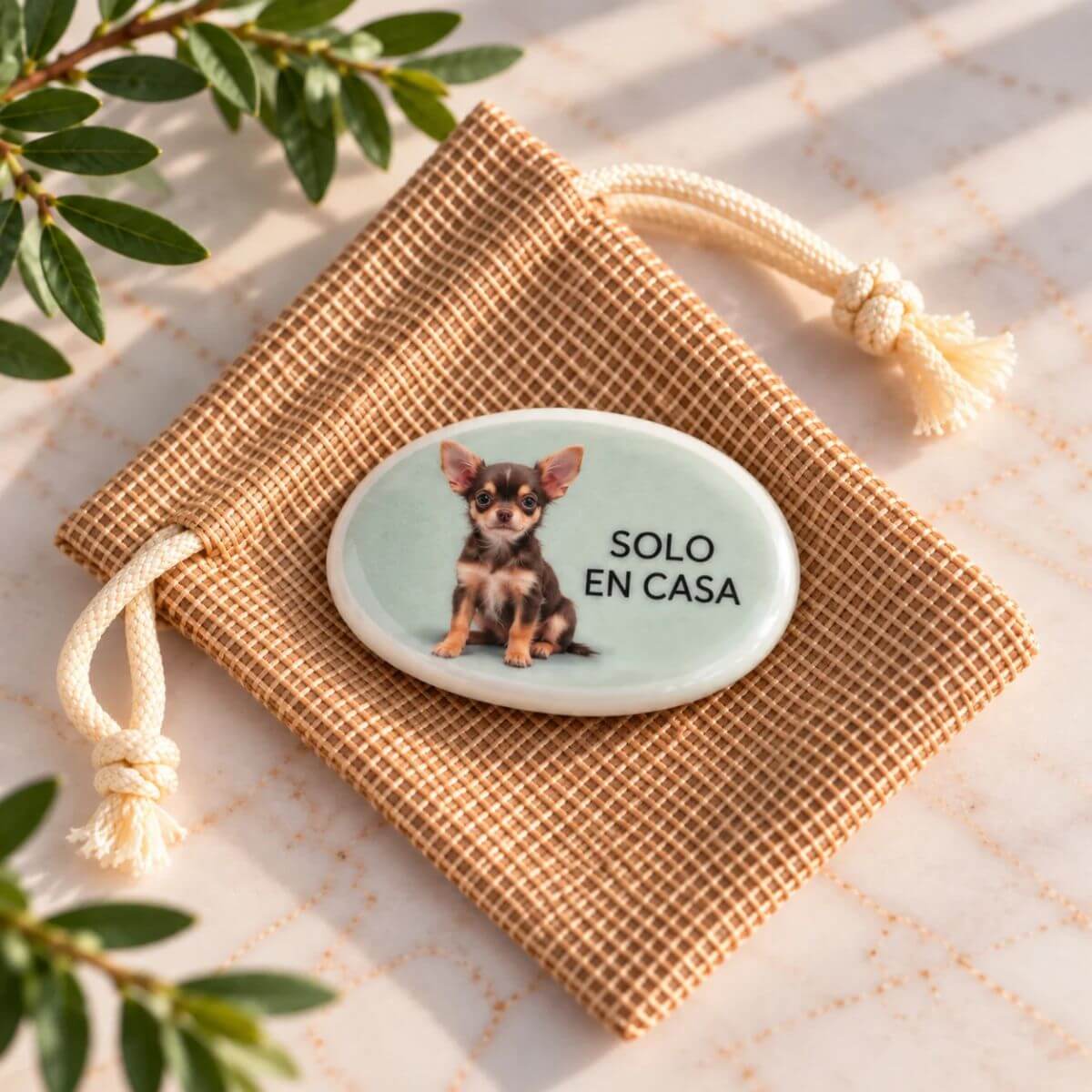 Piedra personalizada para perro con foto y texto Solo en Casa en español