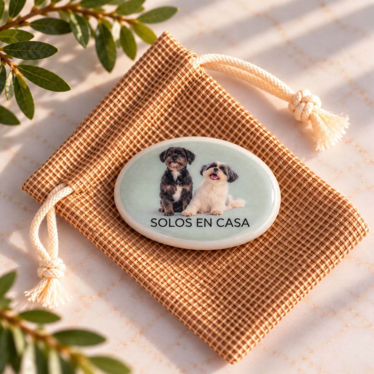 Piedra personalizada con foto de dos perros y texto Solos en Casa