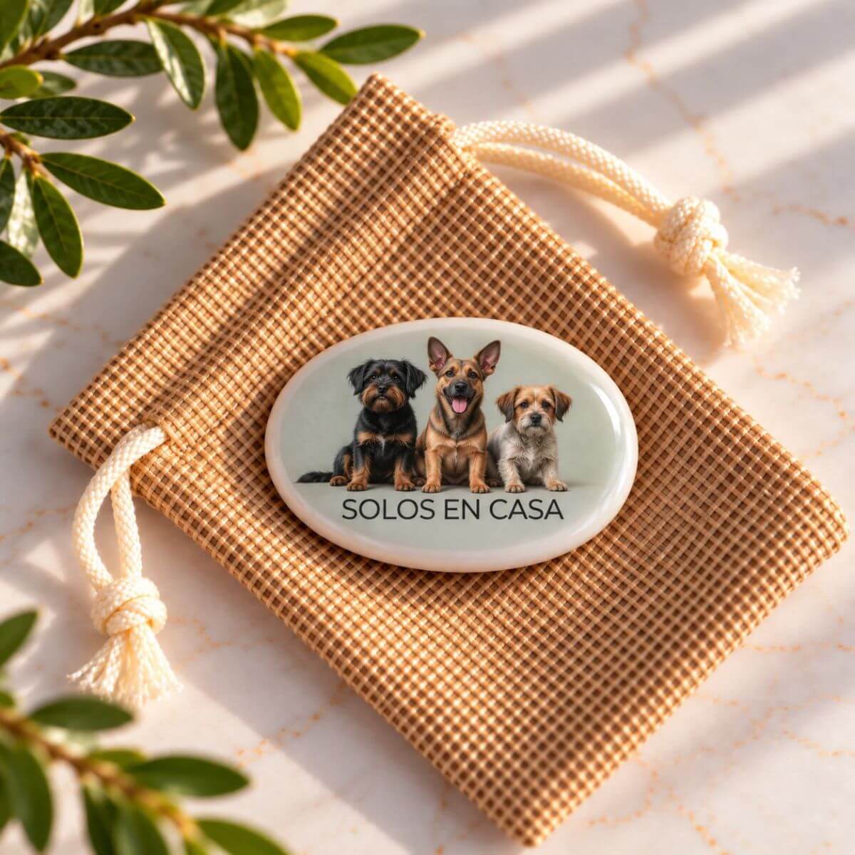 Piedra personalizada con foto de tres perros y texto Solos en Casa para contacto de emergencia