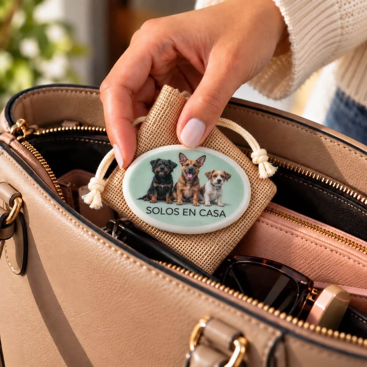 Piedra personalizada de contacto de emergencia para perros Solos en Casa guardada en el bolso