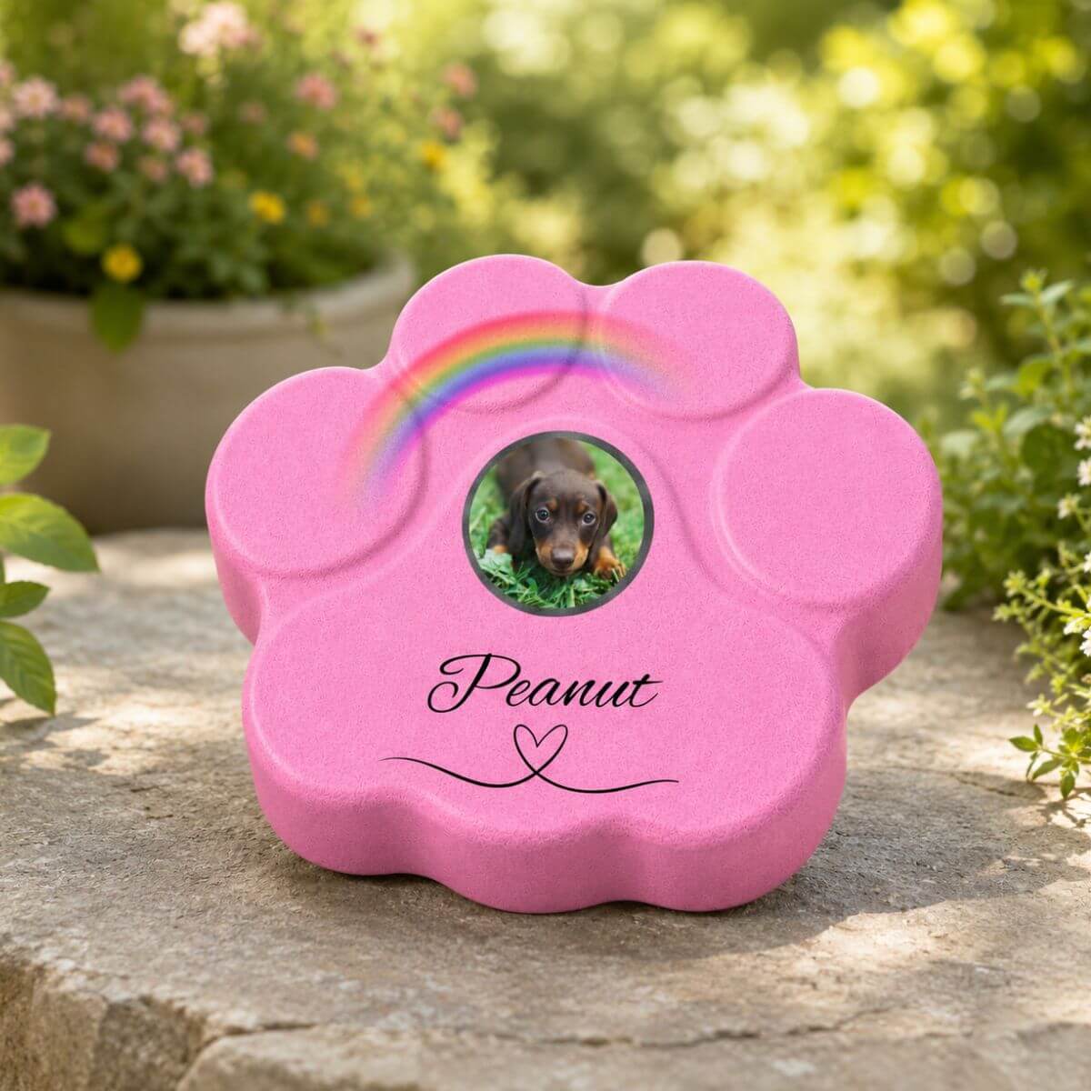 Placa conmemorativa para mascotas en forma de huella rosa personalizada con foto y nombre para jardín o exterior