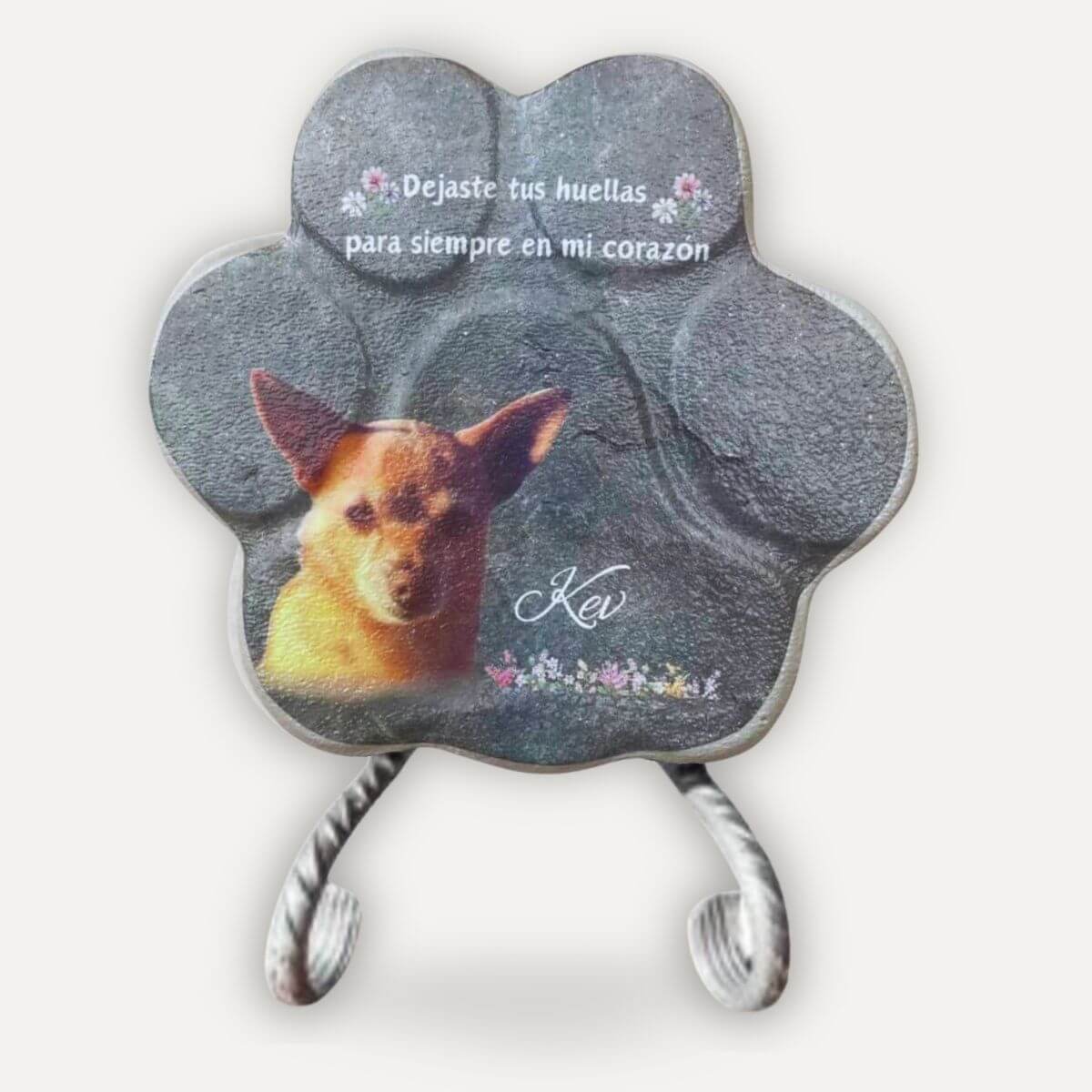 Placa conmemorativa gris para mascotas con foto personalizada y soporte decorativo en forma de huella para perros y gatos