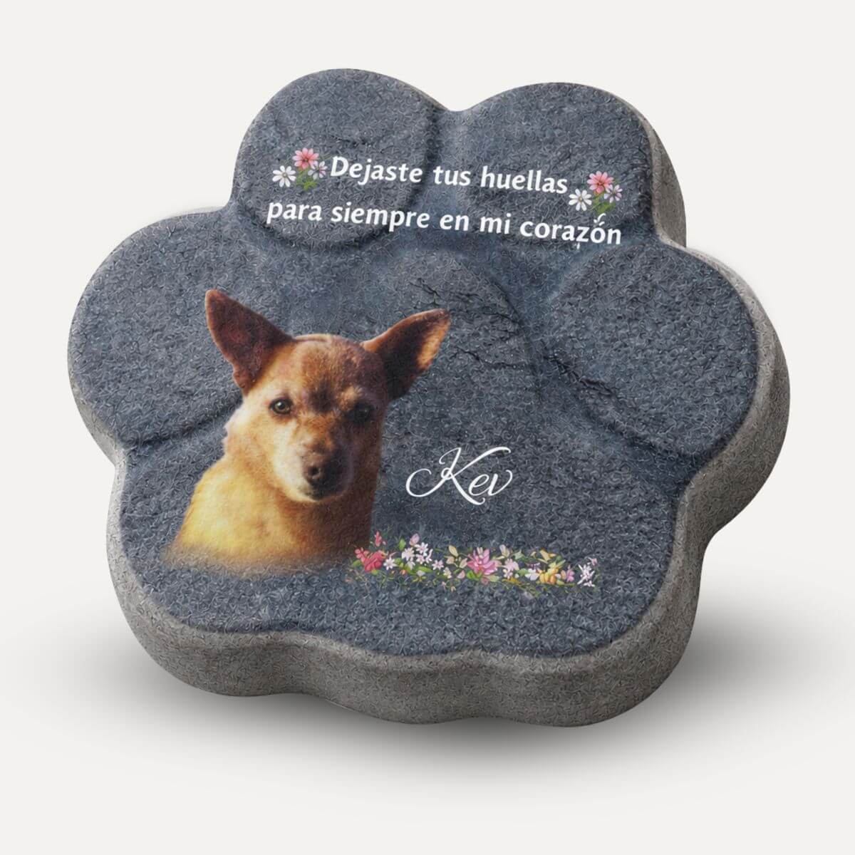 Placa conmemorativa gris para mascotas con foto personalizada y texto memorial en forma de huella de piedra decorativa para perros y gatos