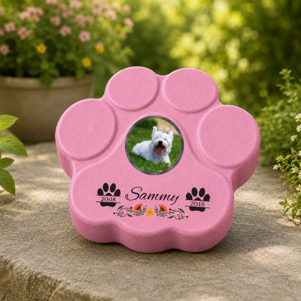 Placa conmemorativa para perro en color rosa con foto y fechas, memorial decorativo para jardín con diseño floral personalizado