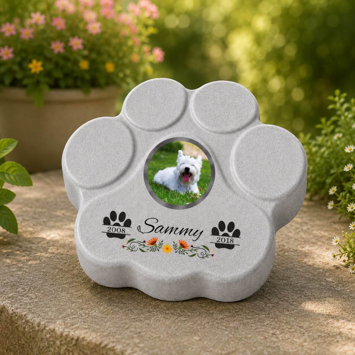Personalized Footprint Stone – Photo, Name and Dates in a Two-Paw Design