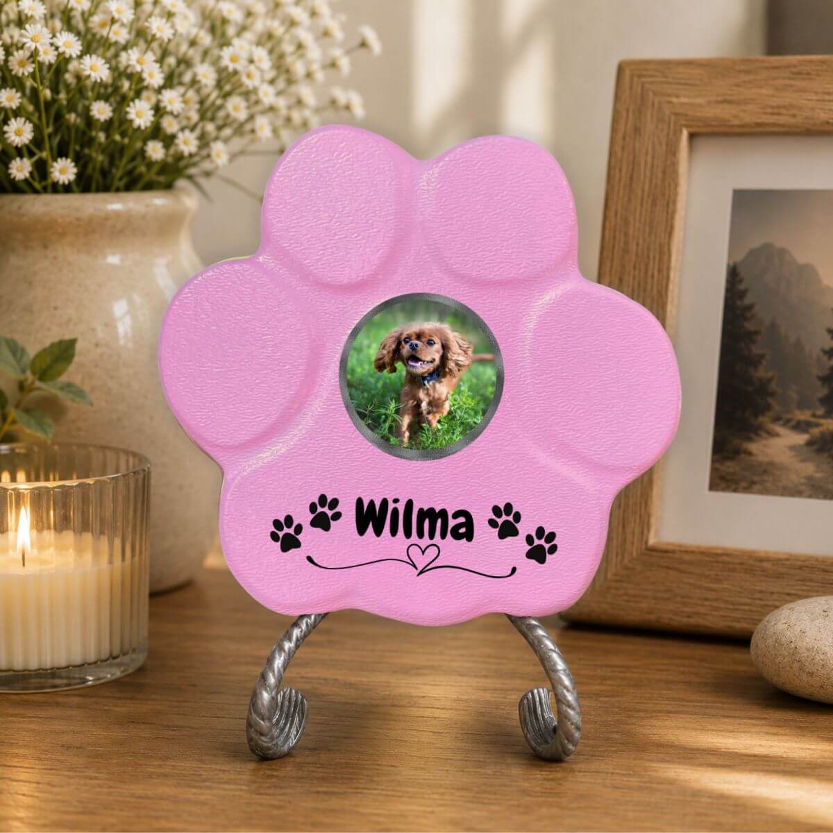 Huella conmemorativa rosa para perros con foto personalizada y nombre decorado con patitas para hogar