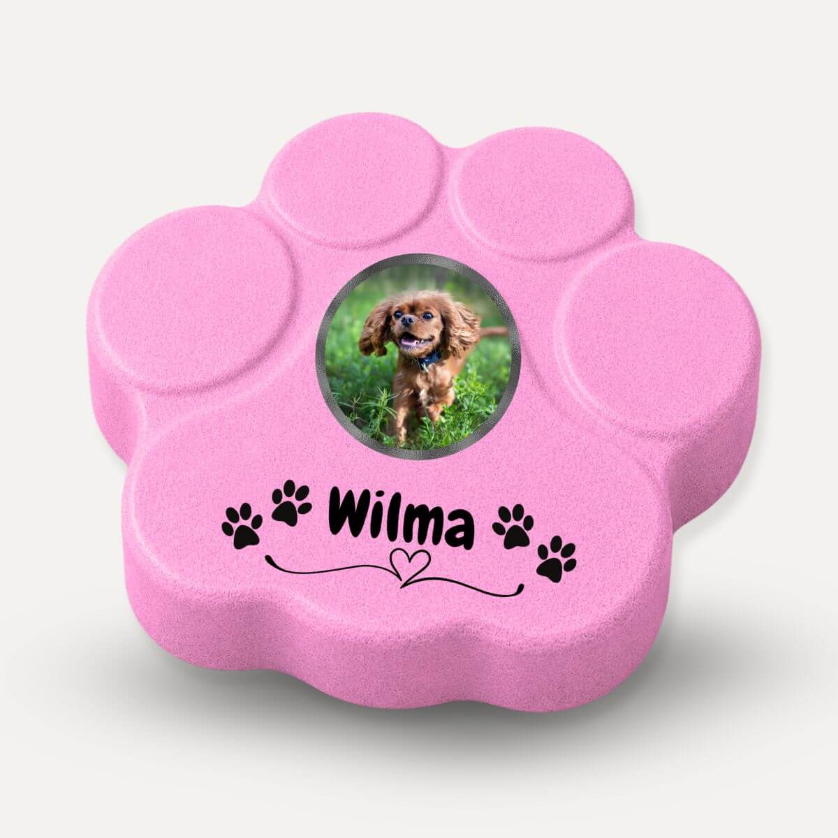 Huella conmemorativa rosa para perros con foto personalizada y nombre decorado con patitas y corazón